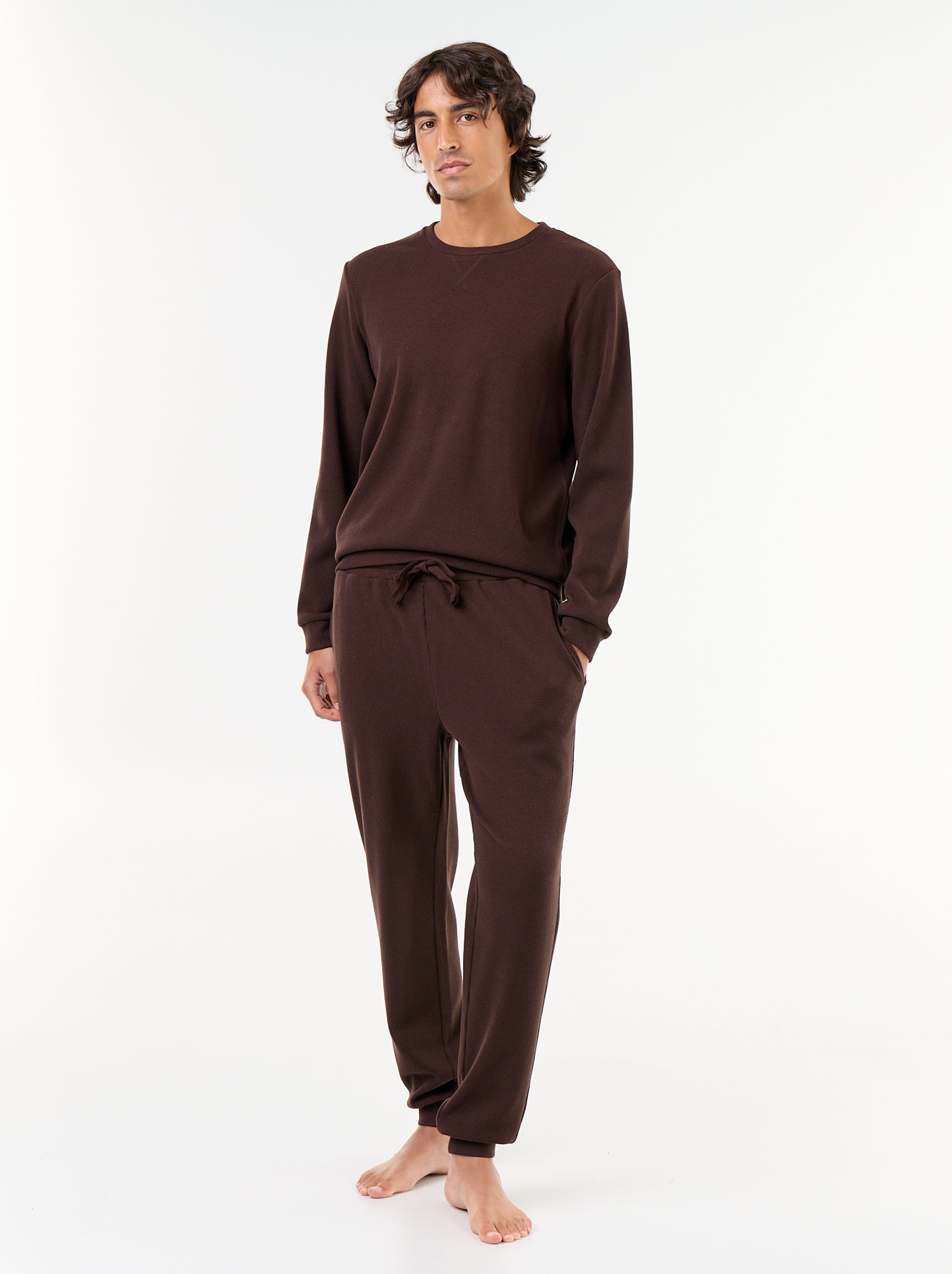 Ensemble pyjama long t-shirt + pantalon gaufrés - 2 pièces - Marron