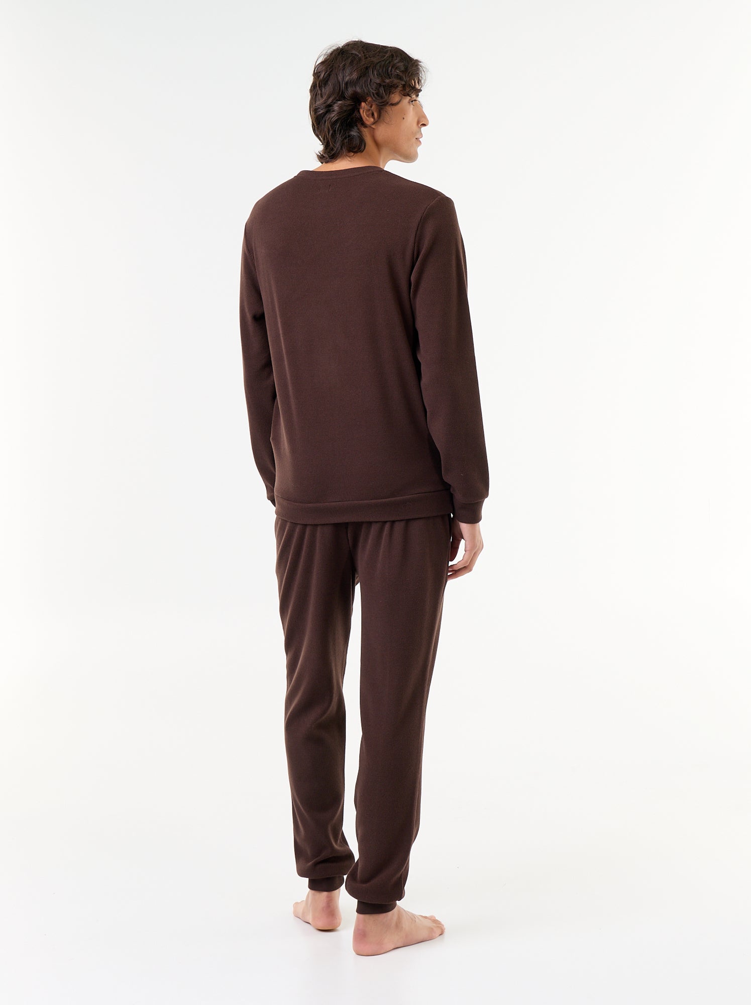 Ensemble pyjama long t-shirt + pantalon gaufrés - 2 pièces - Marron
