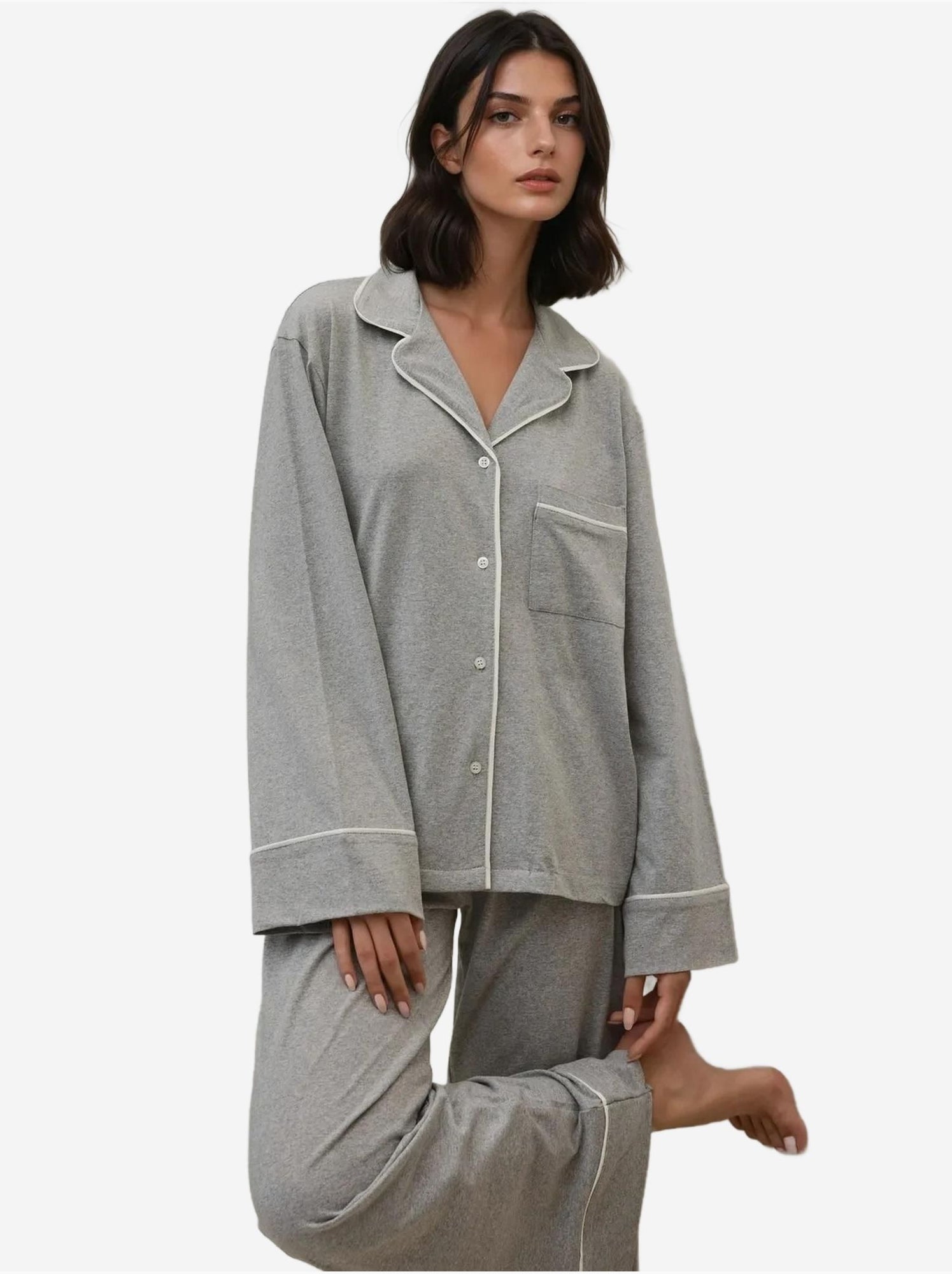 Ensemble pyjama taille haute à jambes larges et col chemise - Gris clair