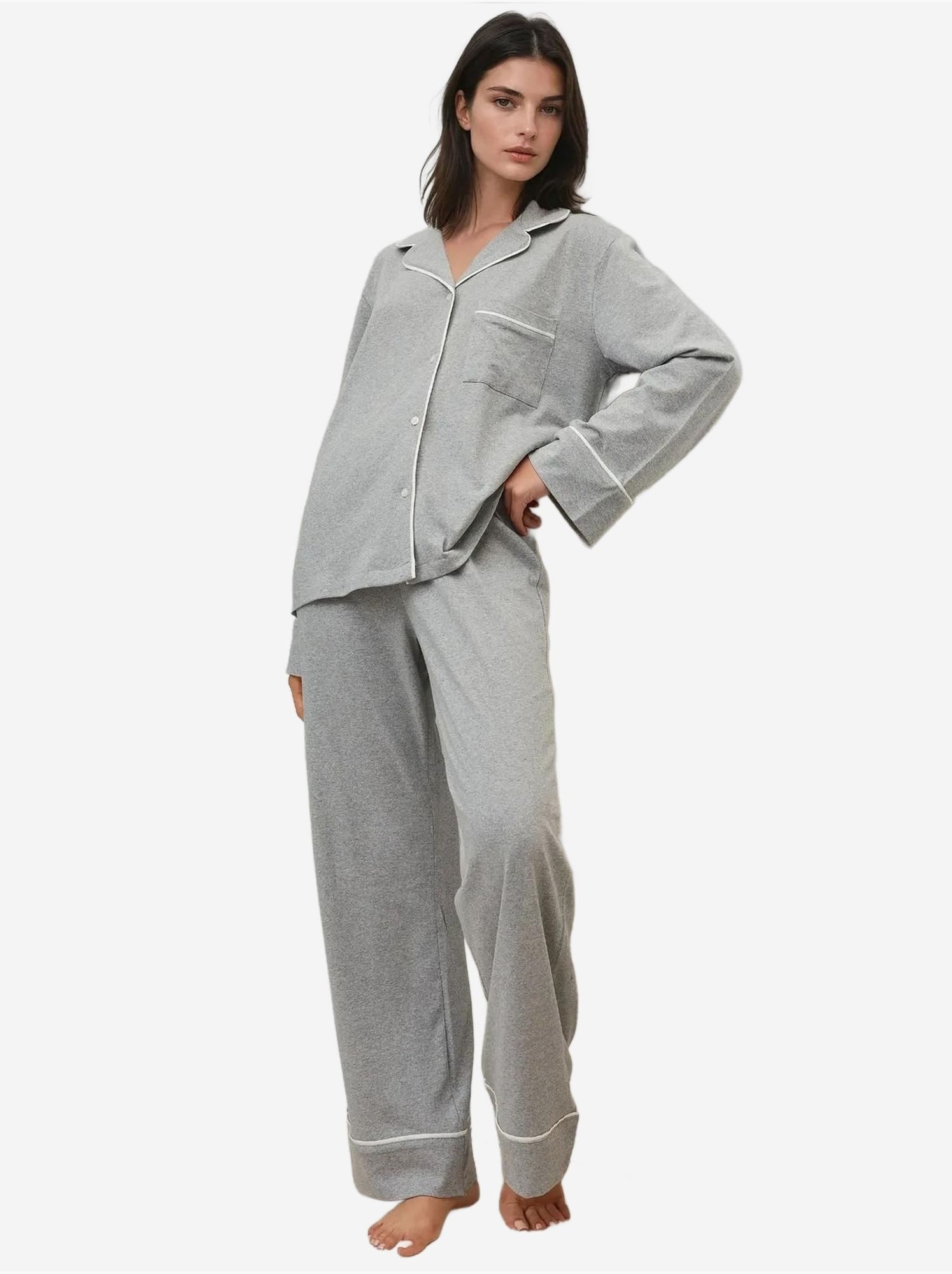 Ensemble pyjama taille haute à jambes larges et col chemise - Gris clair