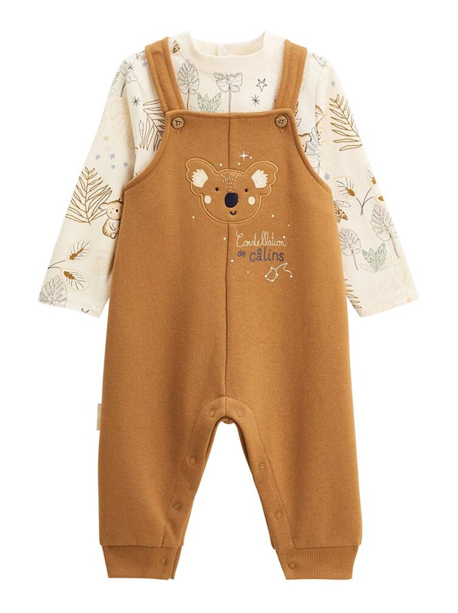 Ensemble salopette bébé en molleton et t-shirt constellation - Camel