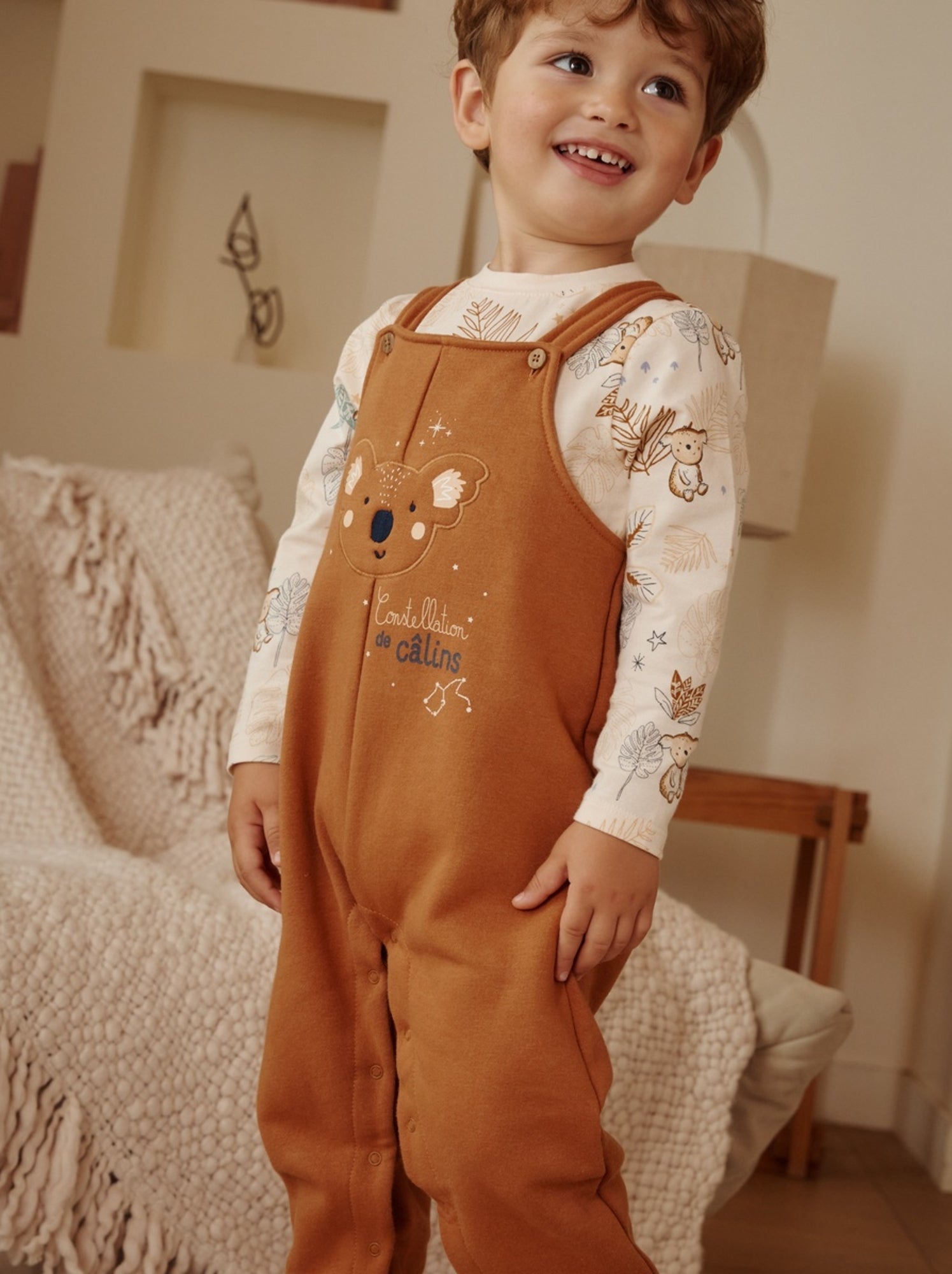 Ensemble salopette bébé en molleton et t-shirt constellation - Camel