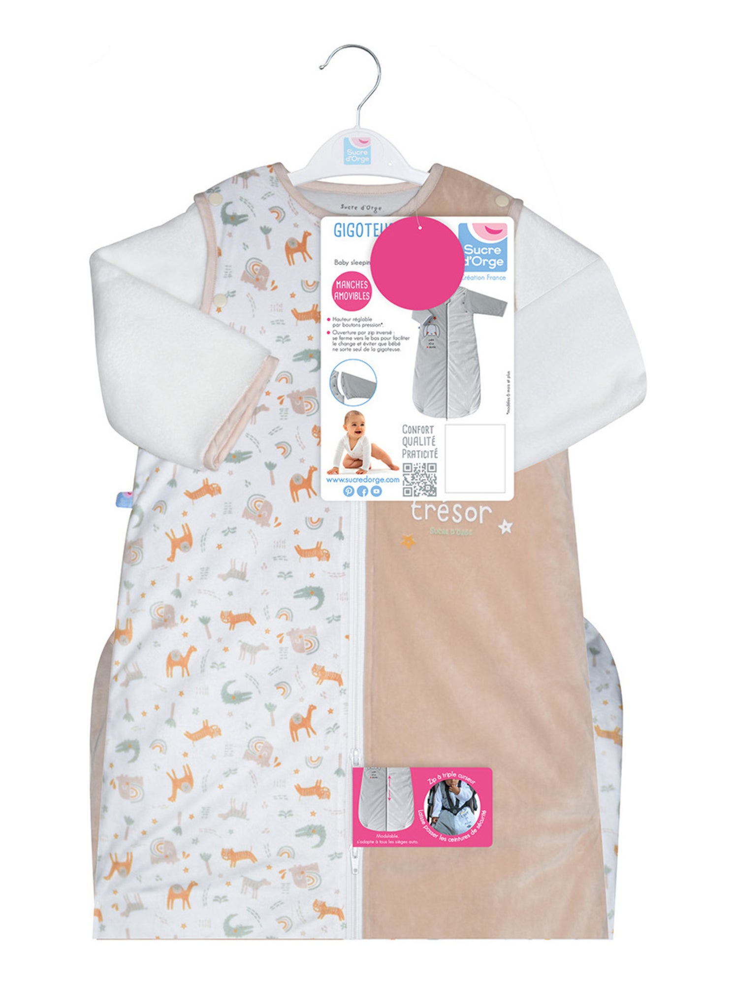 Gigoteuse 6/36m lucio velours doux manches amovibles securite auto - Beige