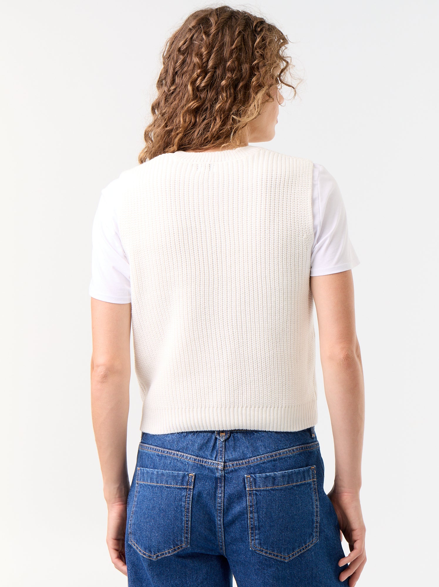 Gilet col rond en maille grosse jauge sans manches - Blanc