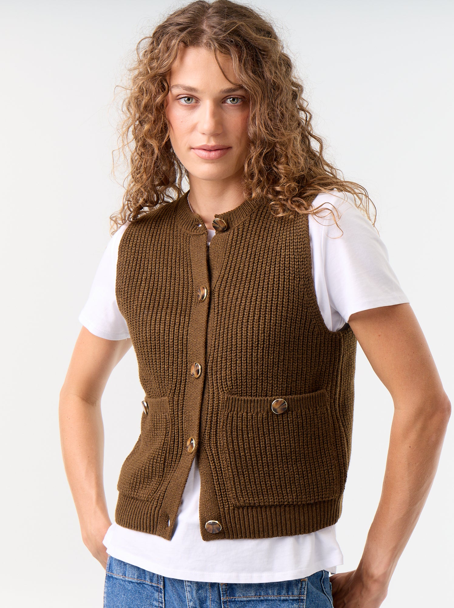 Gilet col rond en maille grosse jauge sans manches - Marron
