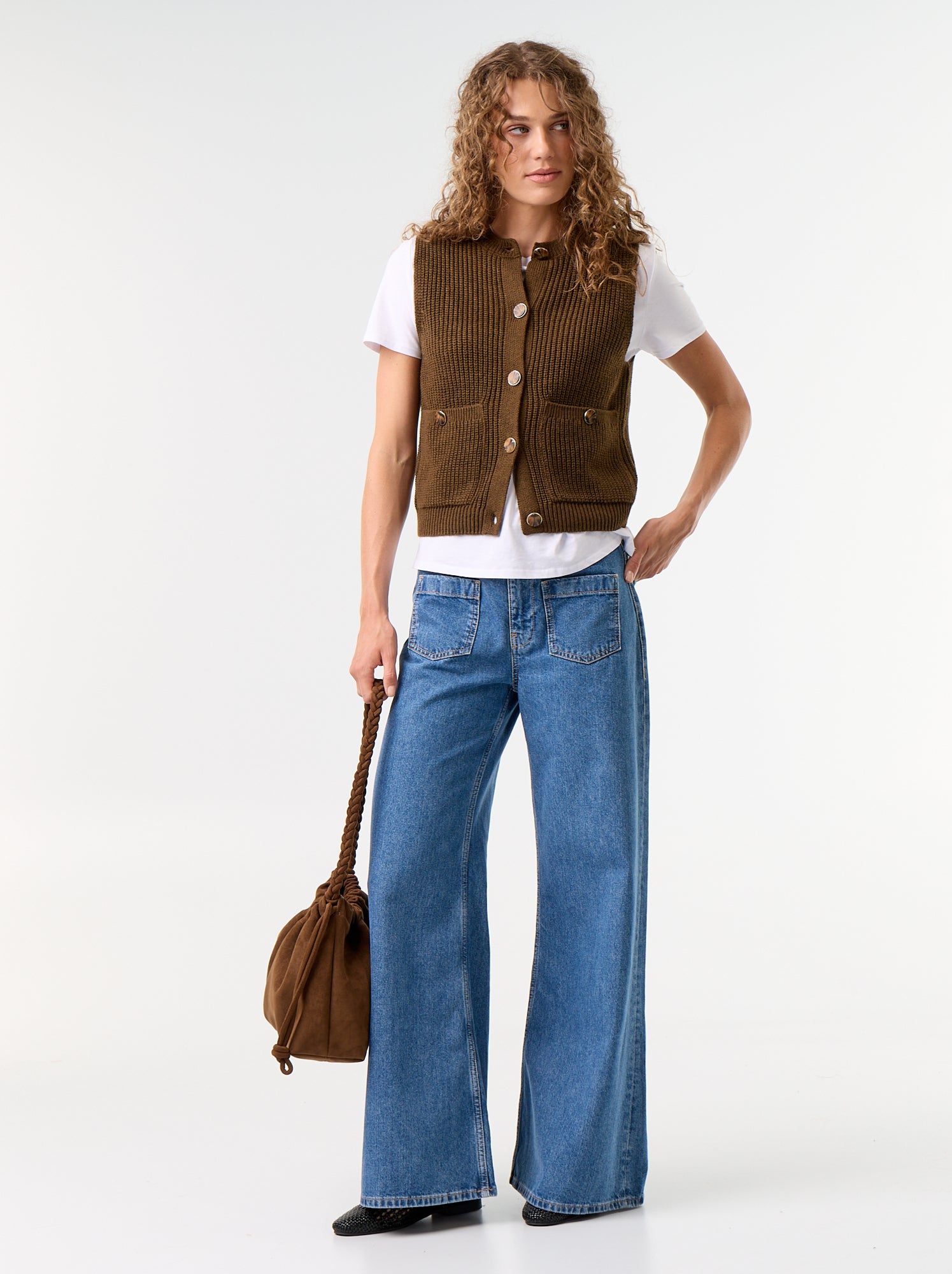 Gilet col rond en maille grosse jauge sans manches - Marron