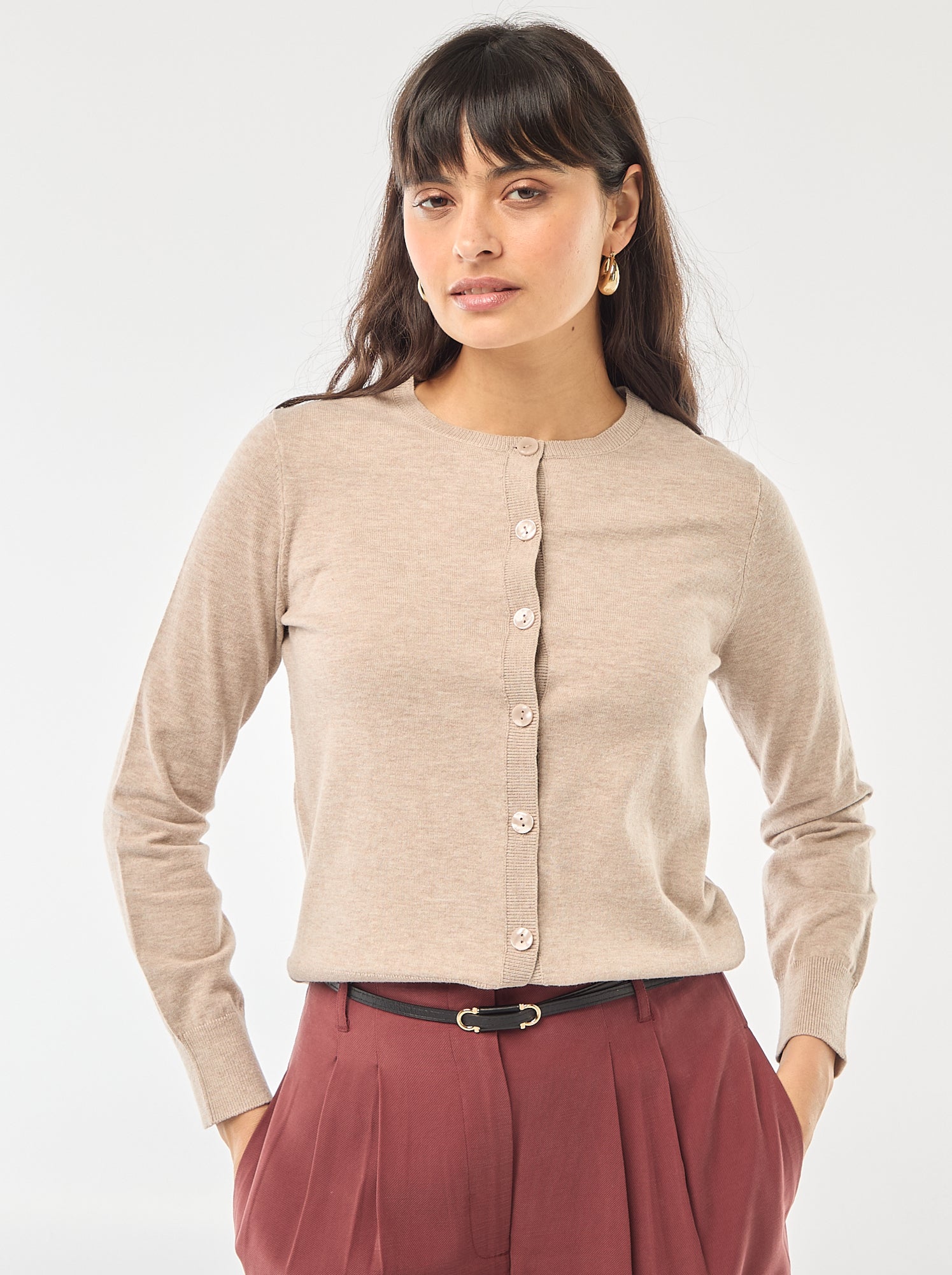 Gilet col rond uni - Beige (EYY71_2)
