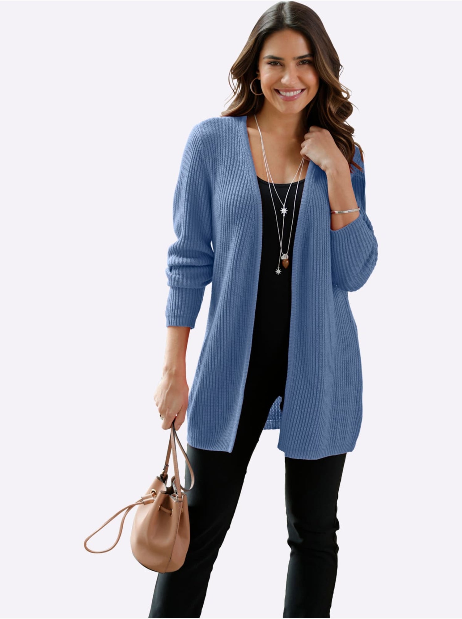 Veste en tricot longue à col v avec finitions côtelées - taille standard - moda vilona - Bleu