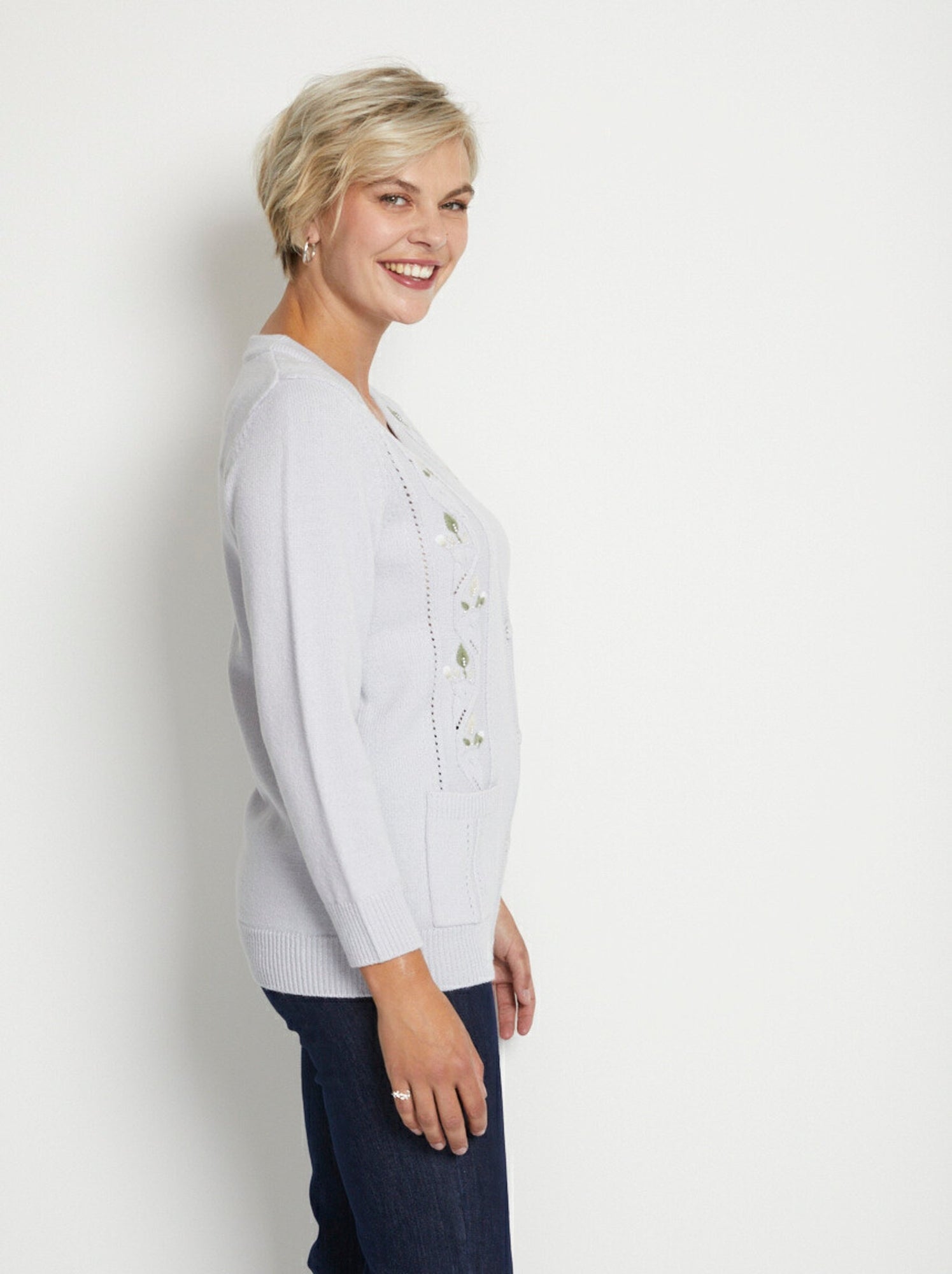 Gilet long boutonné brodé perlé col v - afibel - Argenté