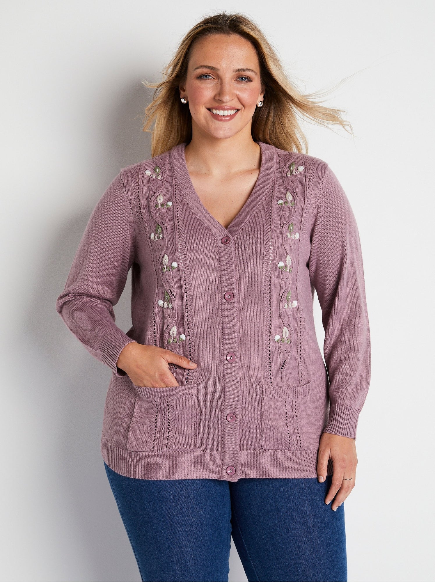 Gilet long boutonné brodé perlé col v - afibel - Violet