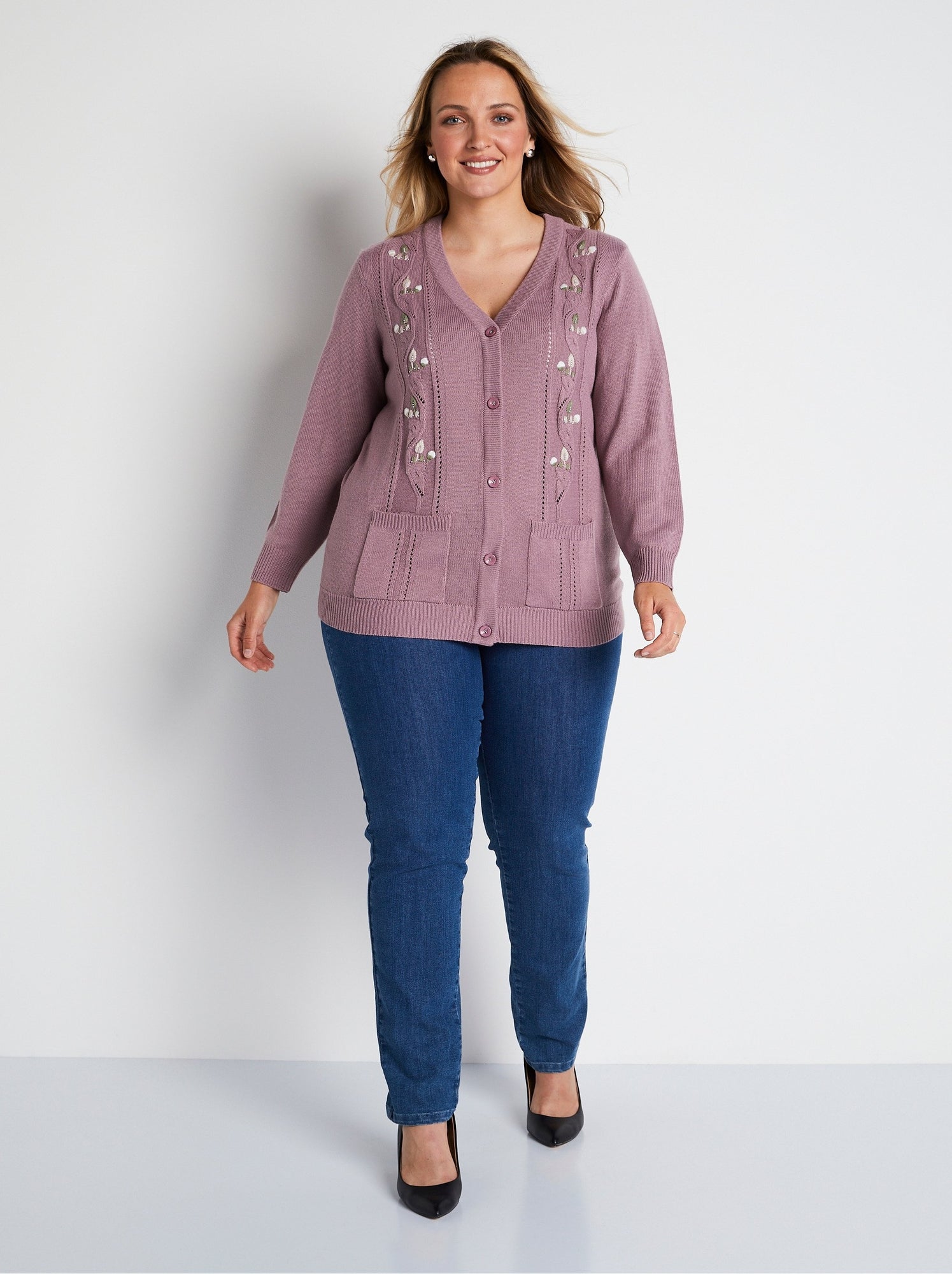 Gilet long boutonné brodé perlé col v - afibel - Violet