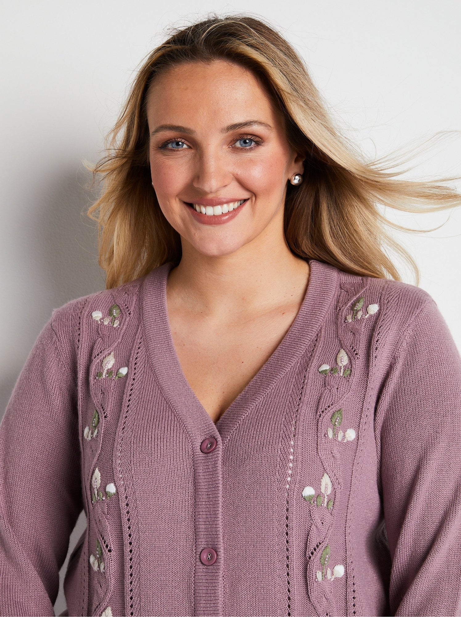 Gilet long boutonné brodé perlé col v - afibel - Violet