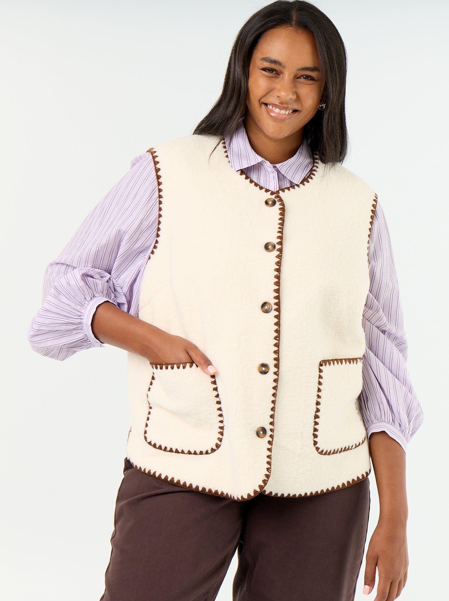 Gilet moutonné sans manches - Beige