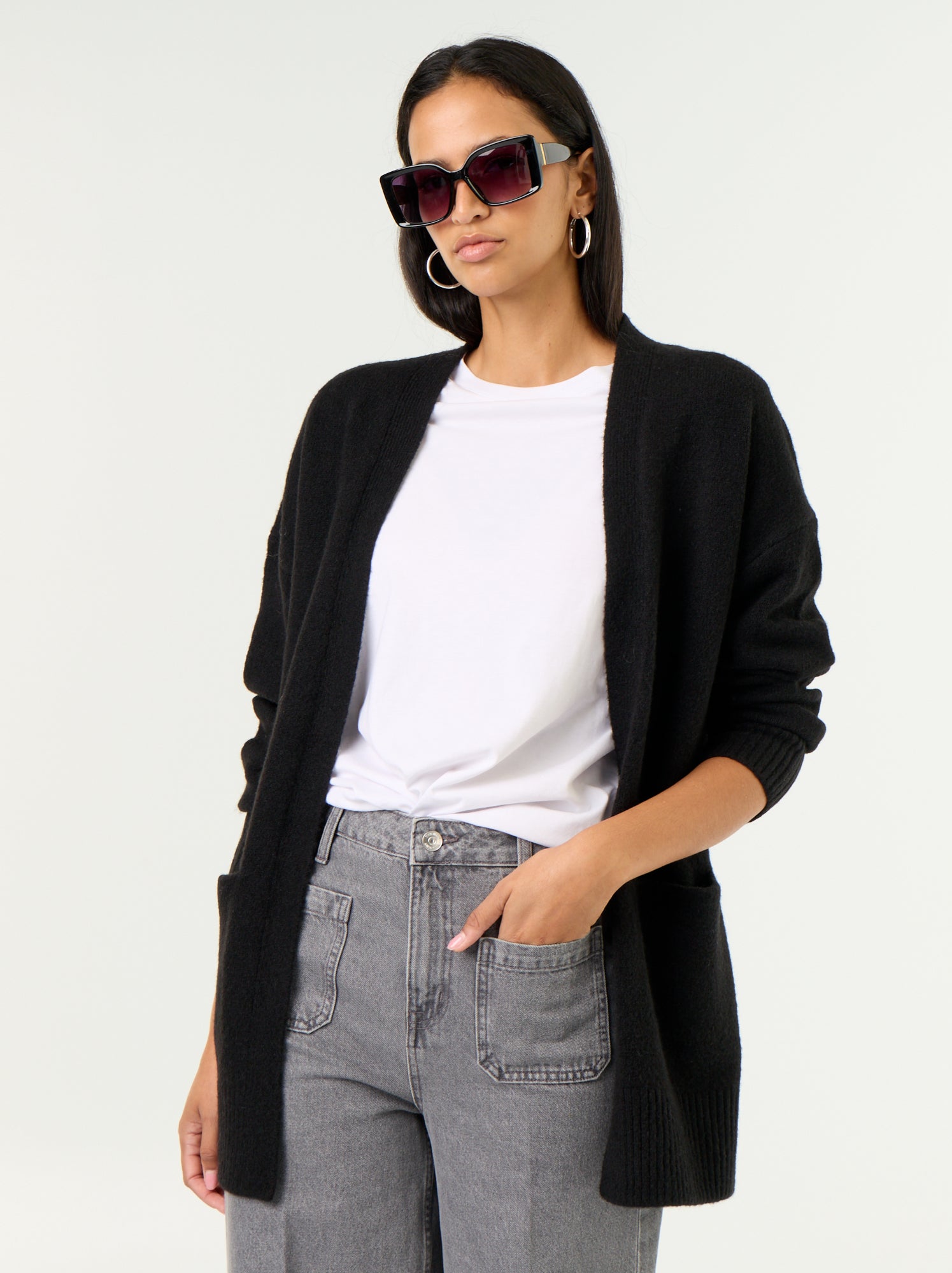 Gilet ouvert uni avec 2 poches plaquées - Noir