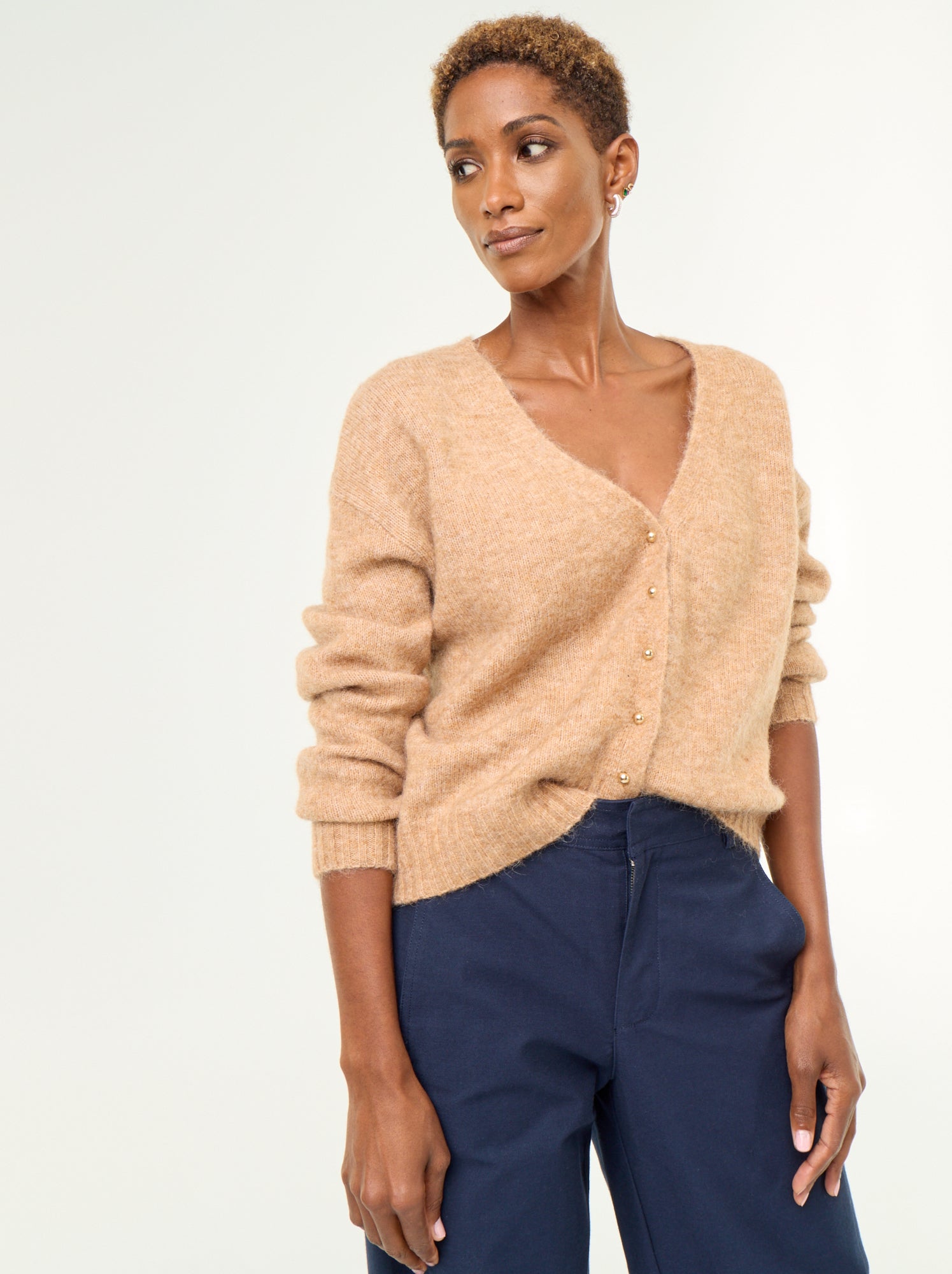 Gilet uni boutonné en maille grosse jauge - Beige