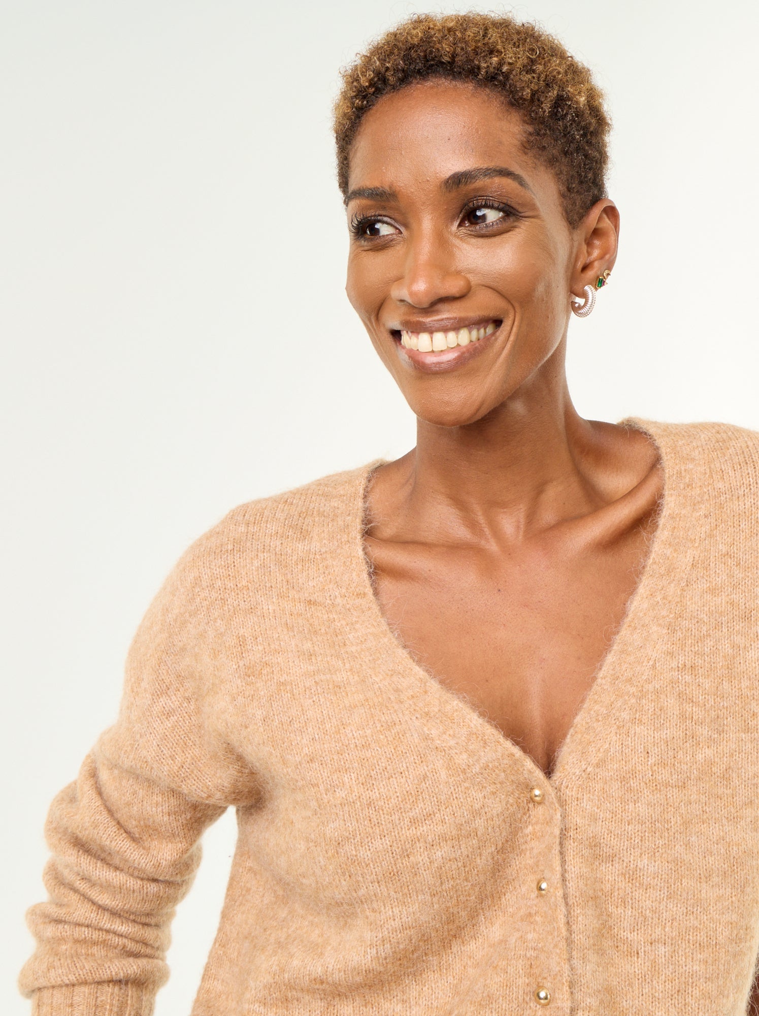 Gilet uni boutonné en maille grosse jauge - Beige