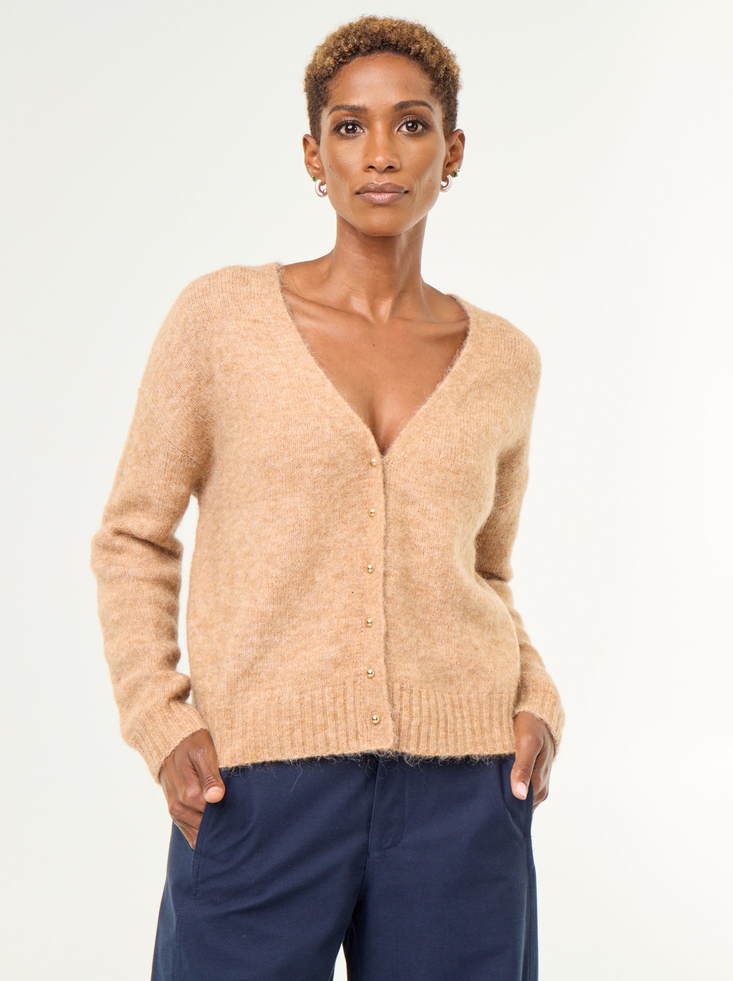 Gilet uni boutonné en maille grosse jauge - Beige