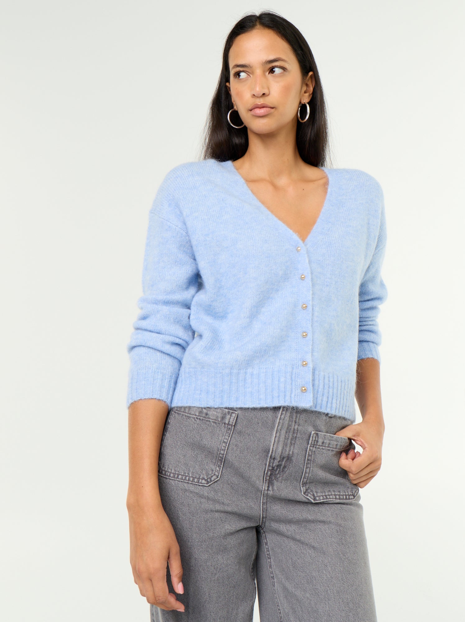 Gilet uni boutonné en maille grosse jauge - Bleu