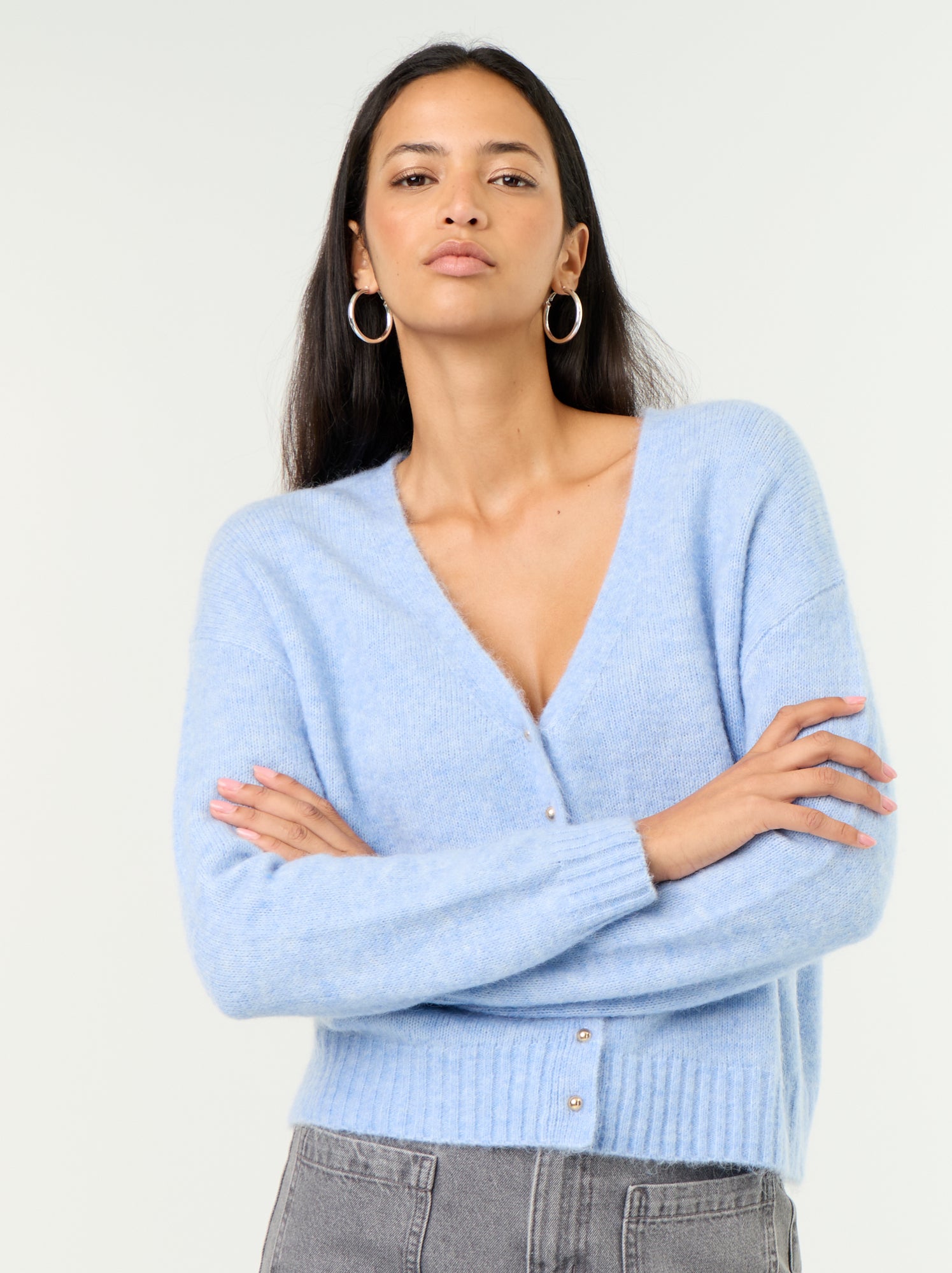 Gilet uni boutonné en maille grosse jauge - Bleu