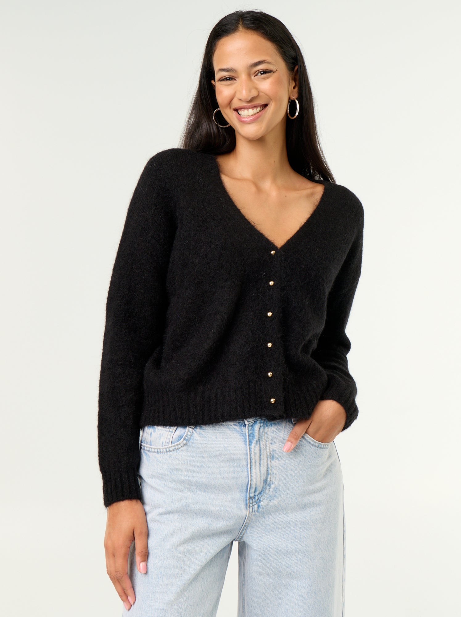 Gilet uni boutonné en maille grosse jauge - Noir