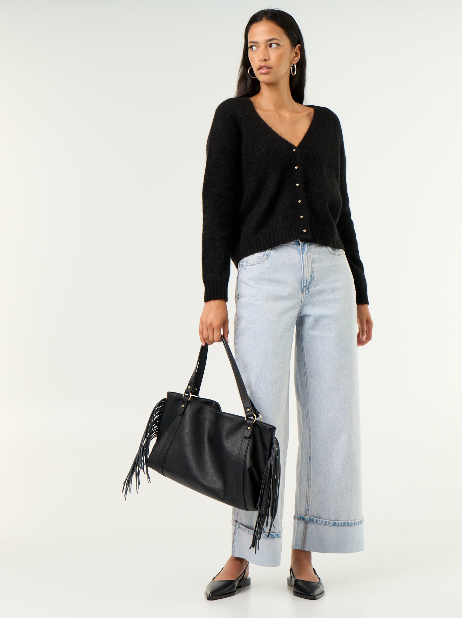 Gilet uni boutonné en maille grosse jauge - Noir