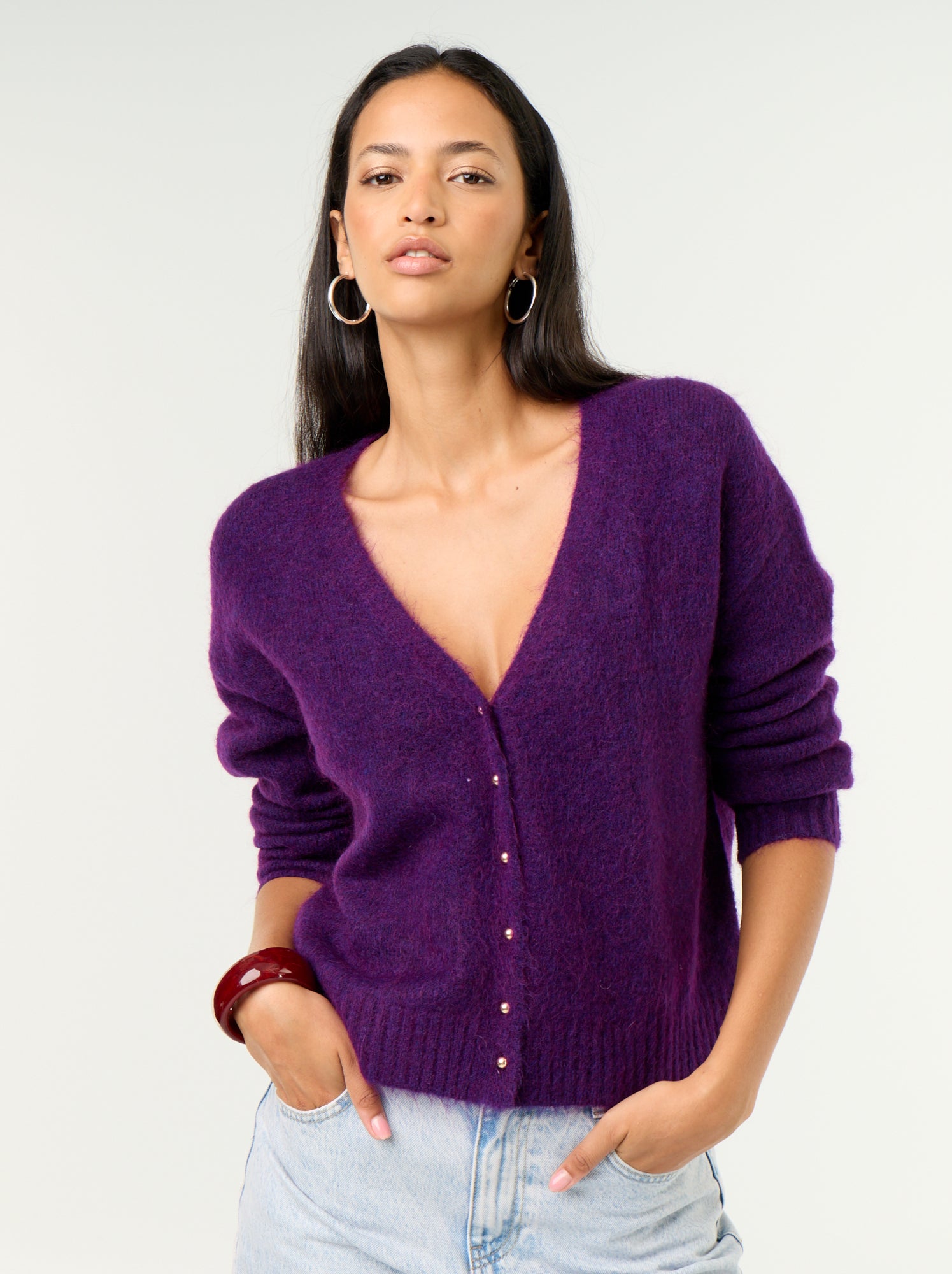 Gilet uni boutonné en maille grosse jauge - Violet