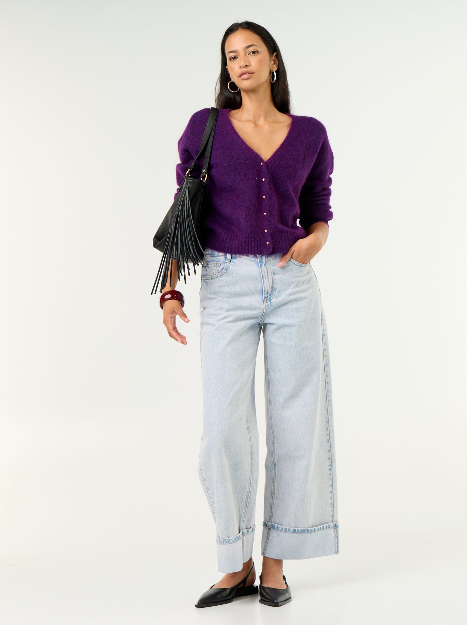 Gilet uni boutonné en maille grosse jauge - Violet