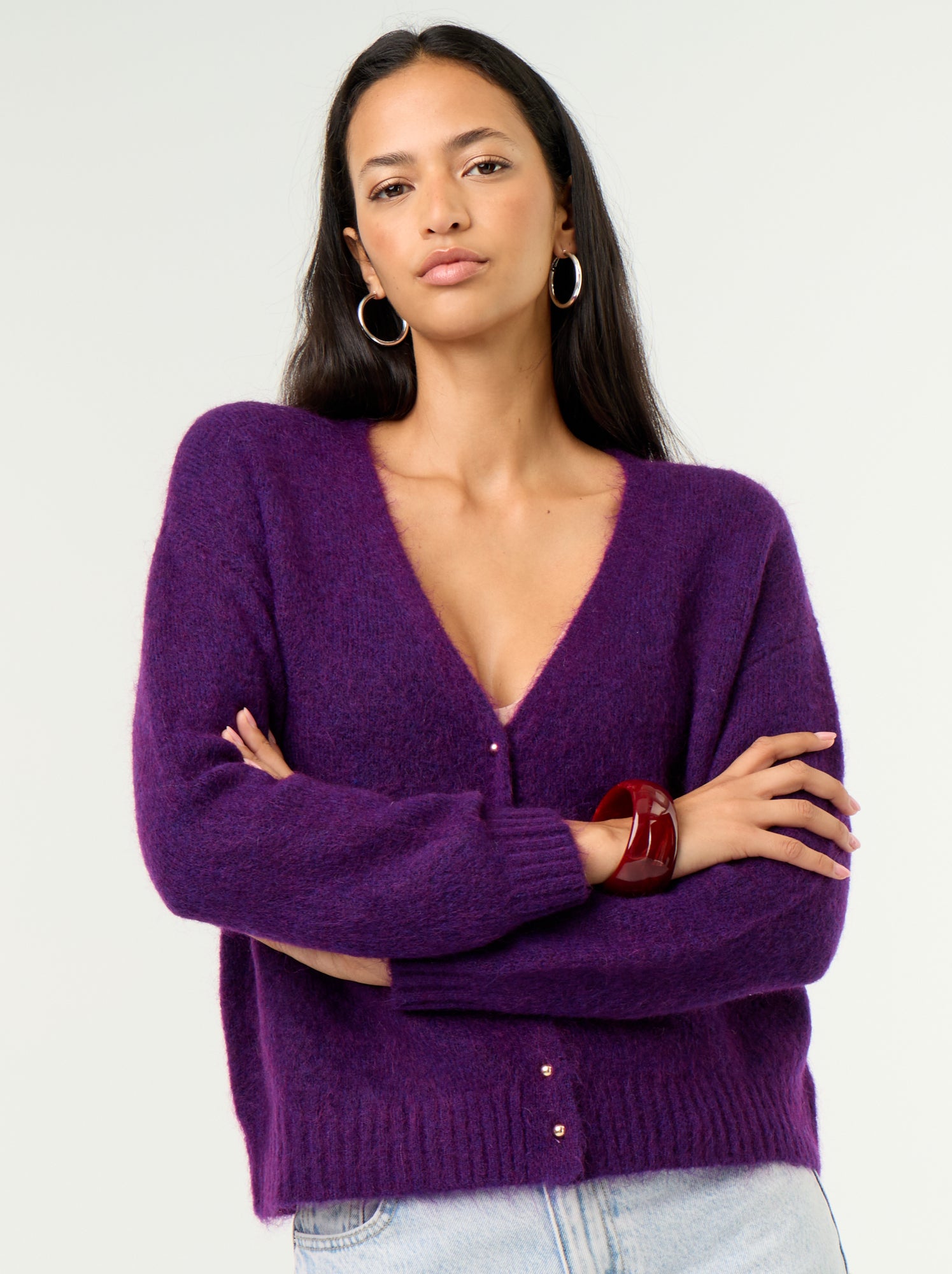 Gilet uni boutonné en maille grosse jauge - Violet