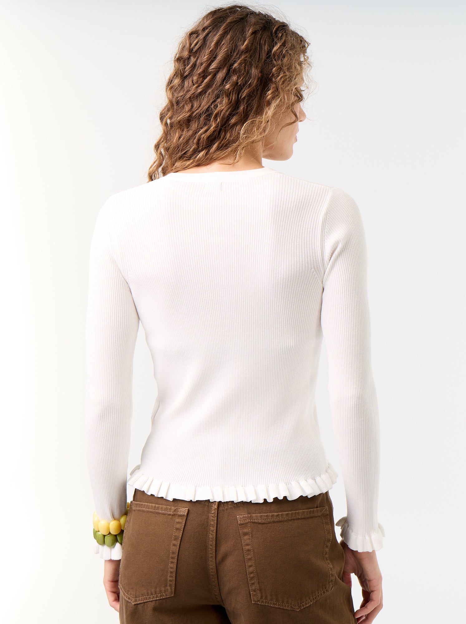 Gilet uni côtelé finitions volantées - Blanc
