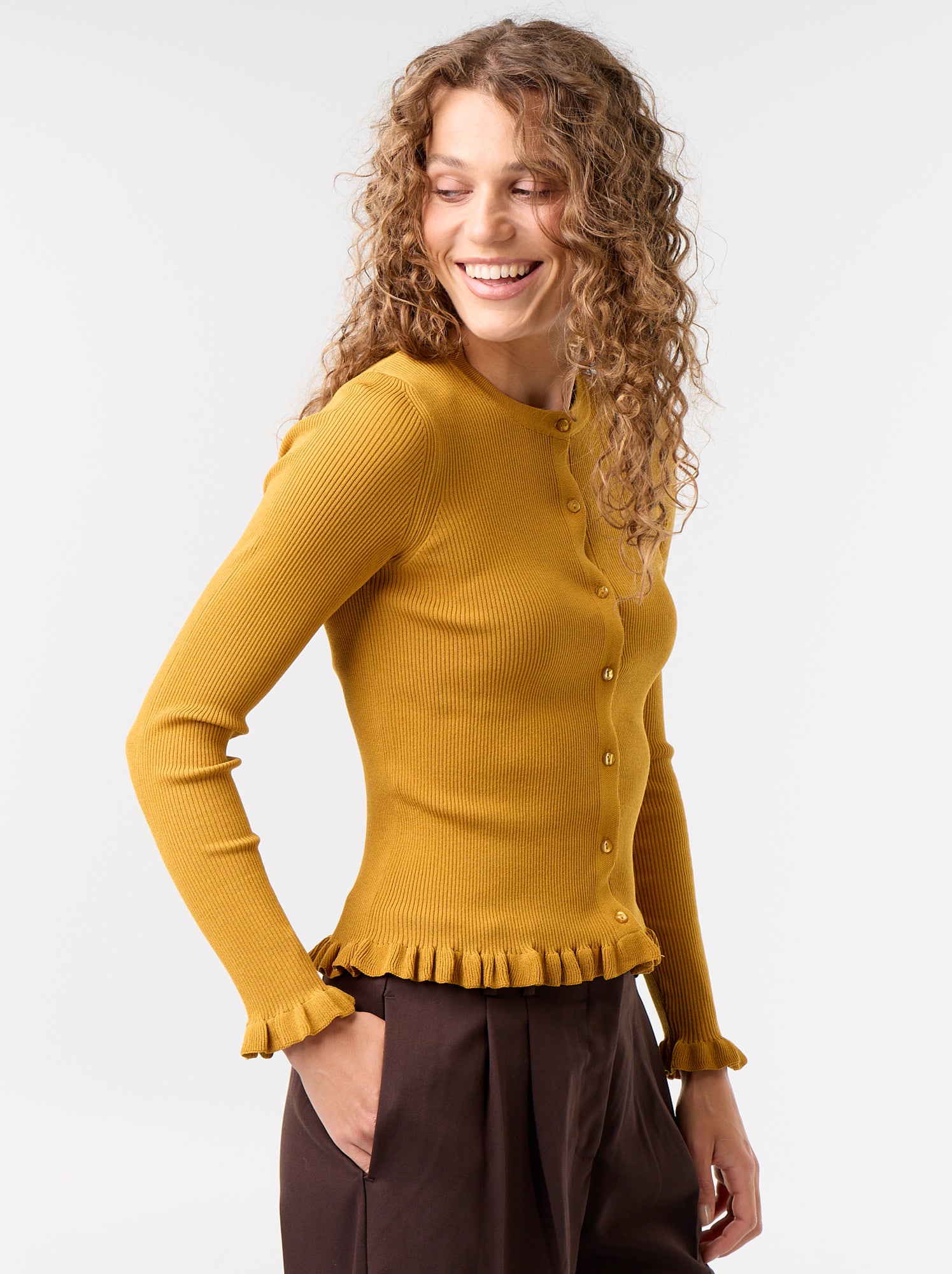 Gilet uni côtelé finitions volantées - Jaune