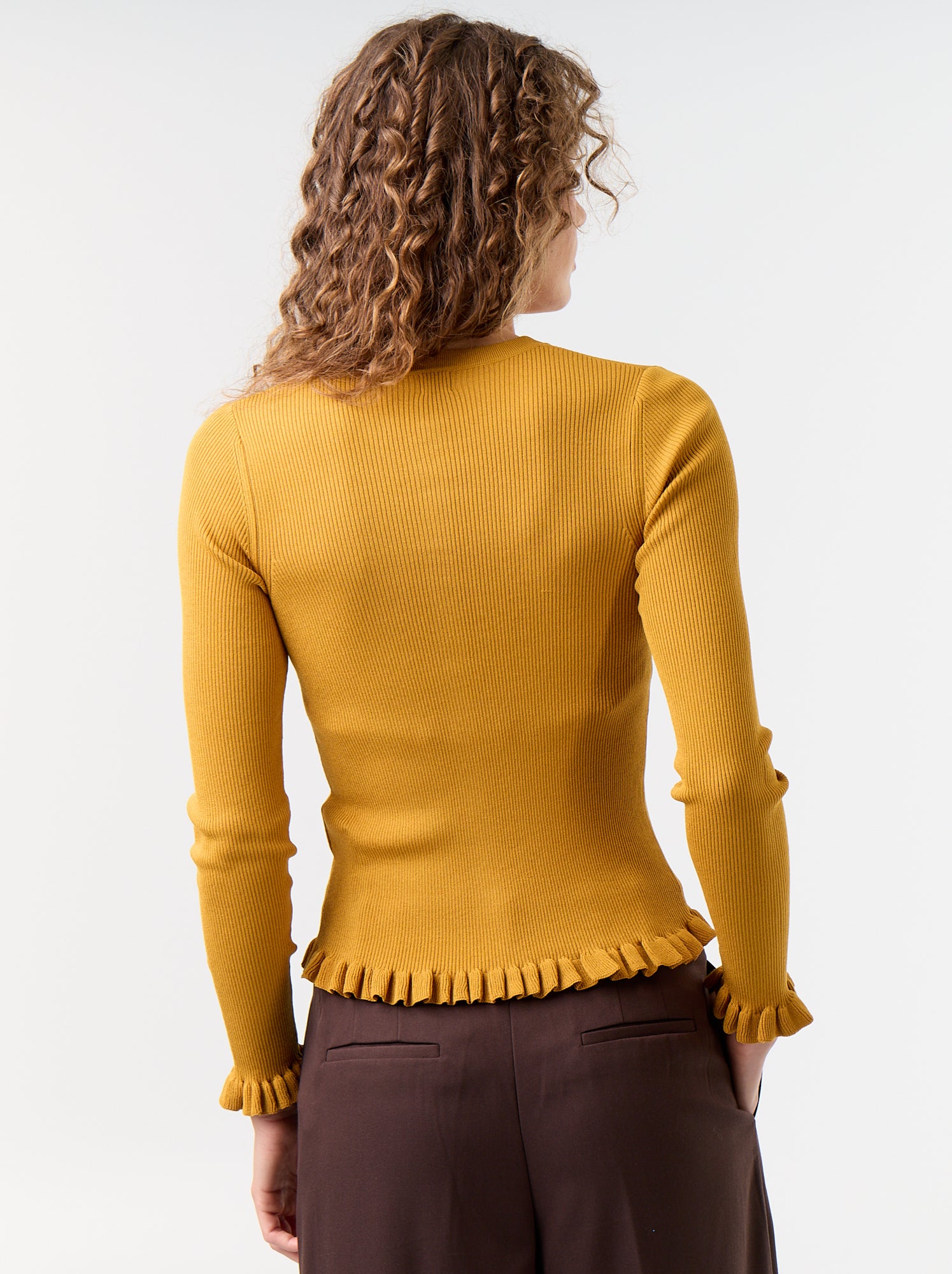 Gilet uni côtelé finitions volantées - Jaune