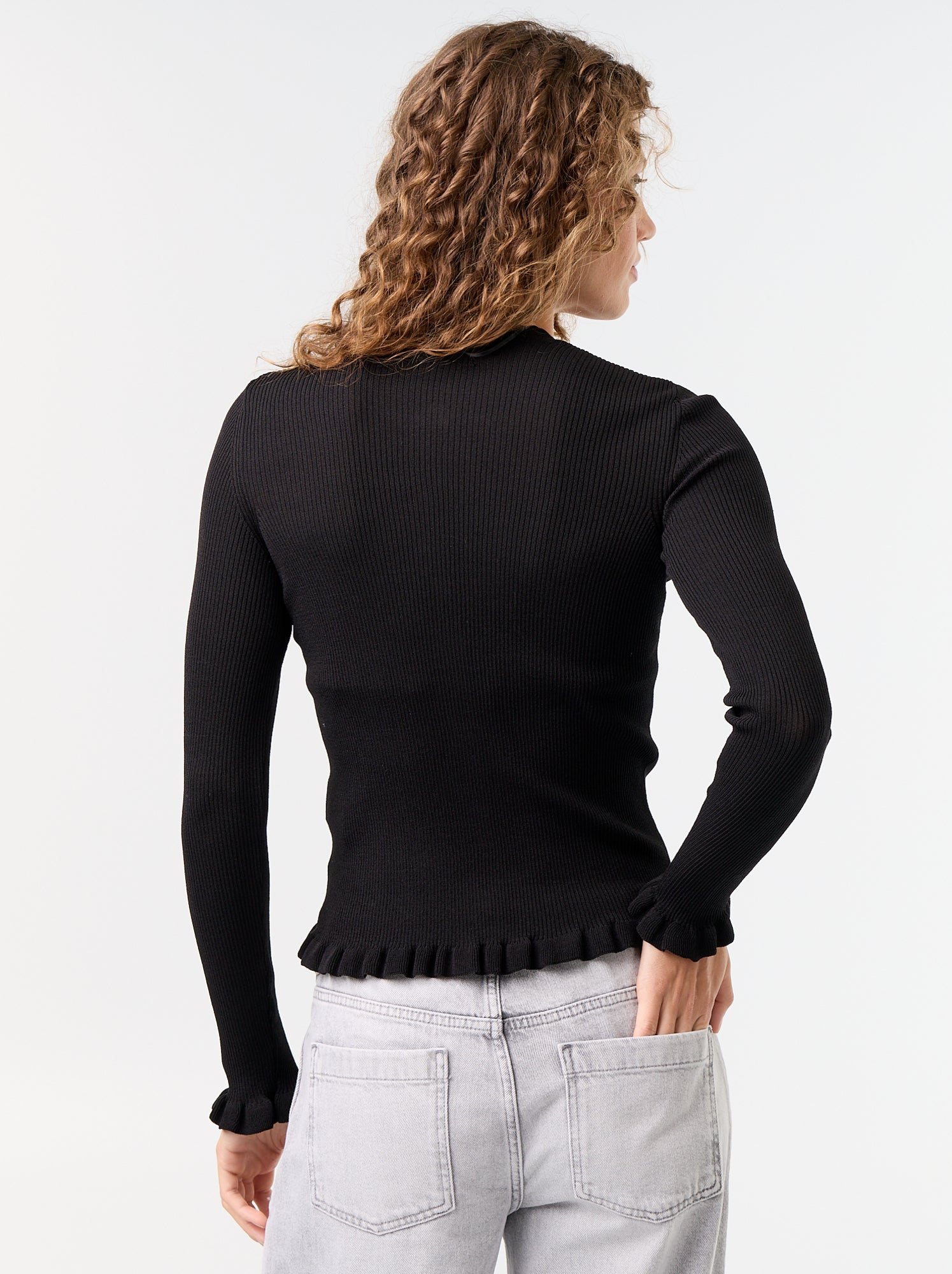 Gilet uni côtelé finitions volantées - Noir