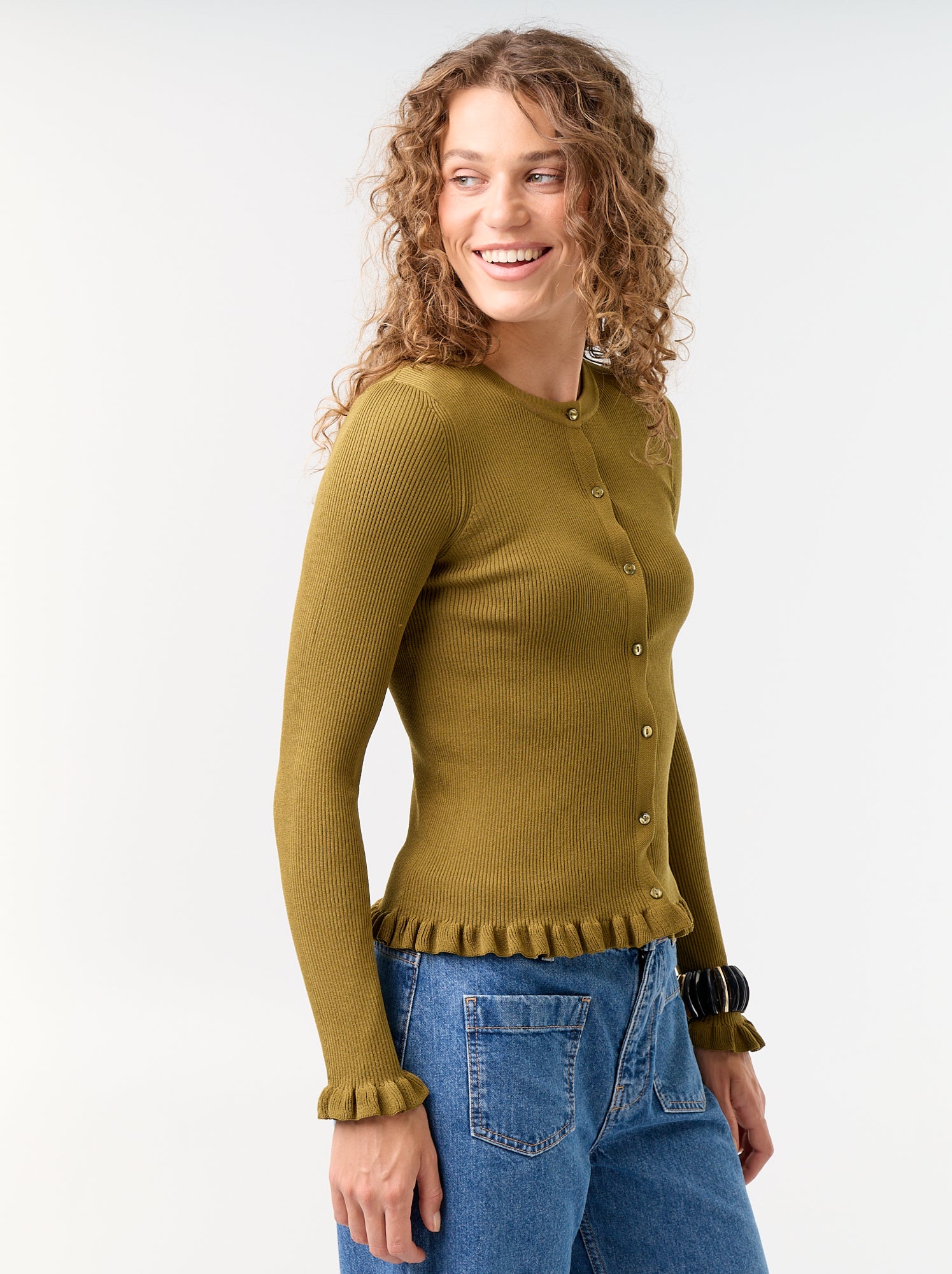 Gilet uni côtelé finitions volantées - Vert