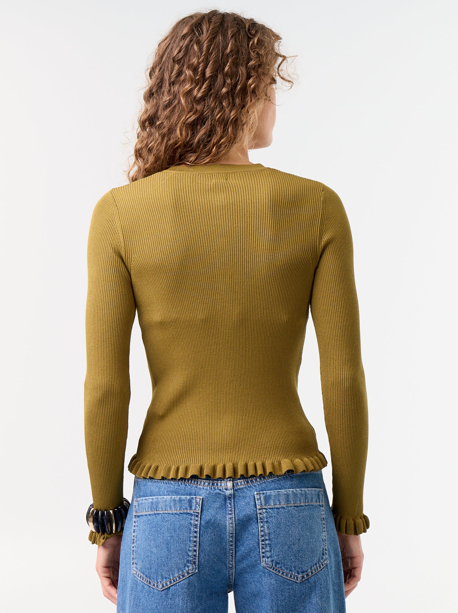 Gilet uni côtelé finitions volantées - Vert