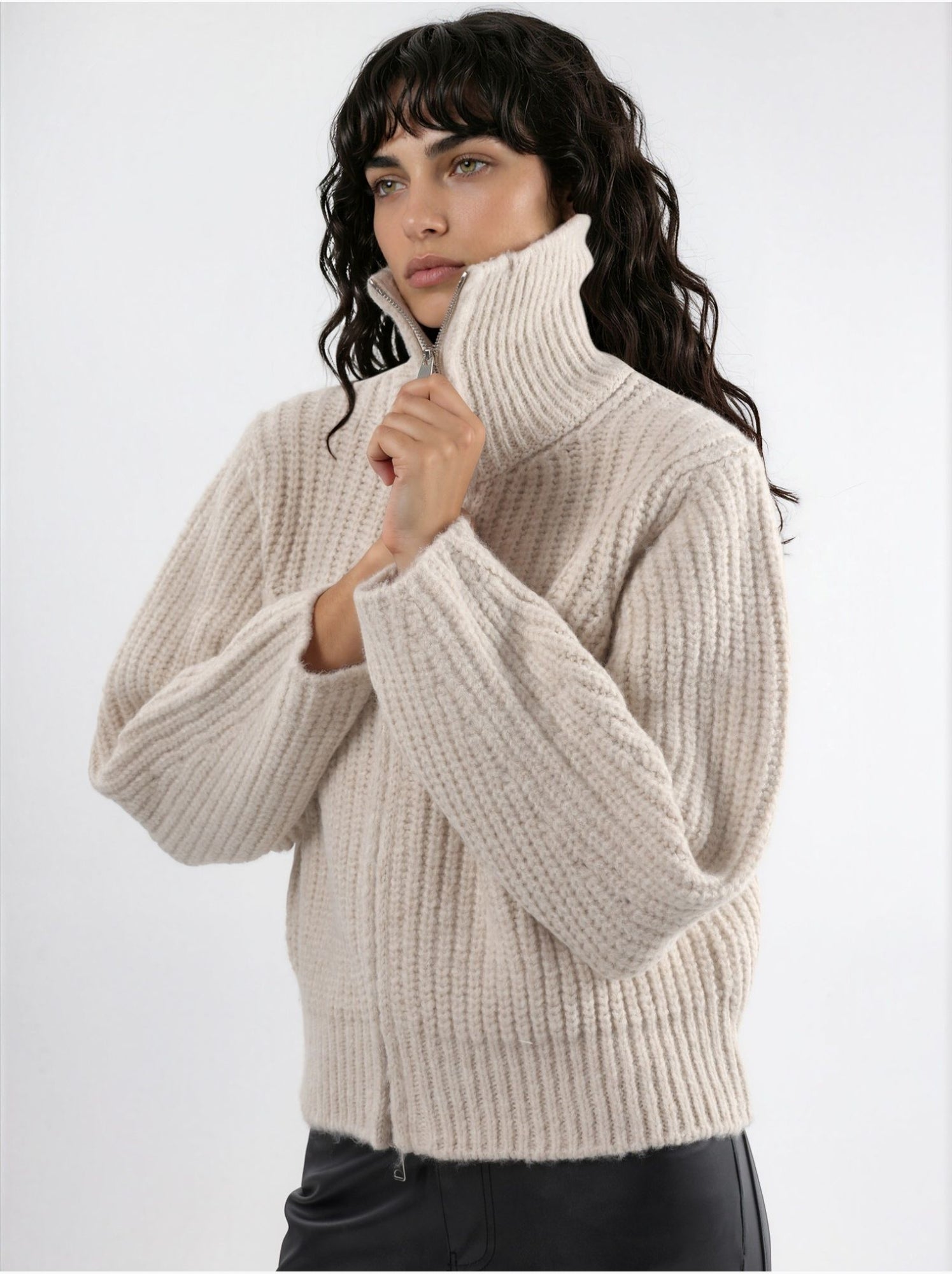 Gilet zippé à col roulé épais et texturé - Sable