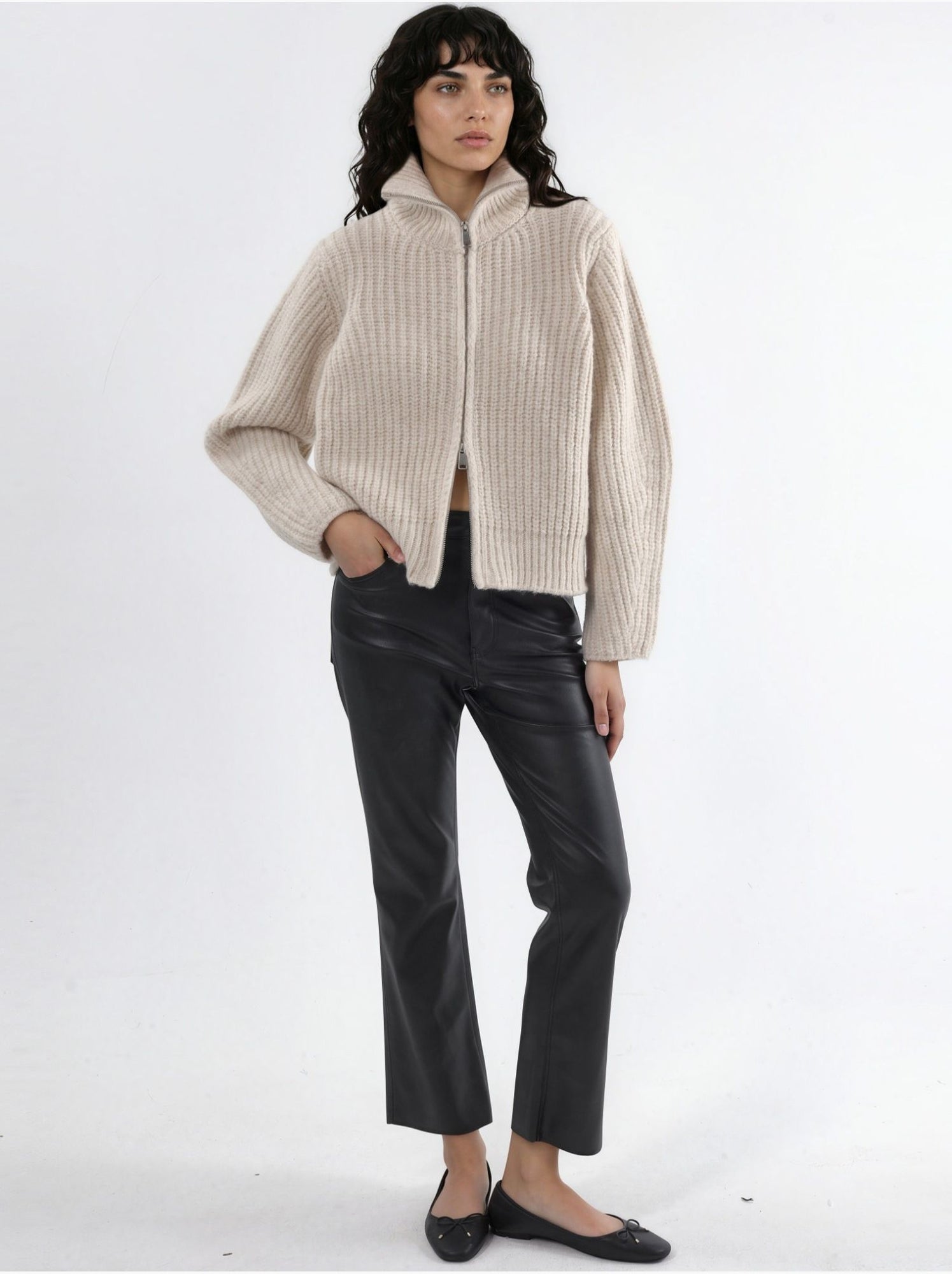 Gilet zippé à col roulé épais et texturé - Sable
