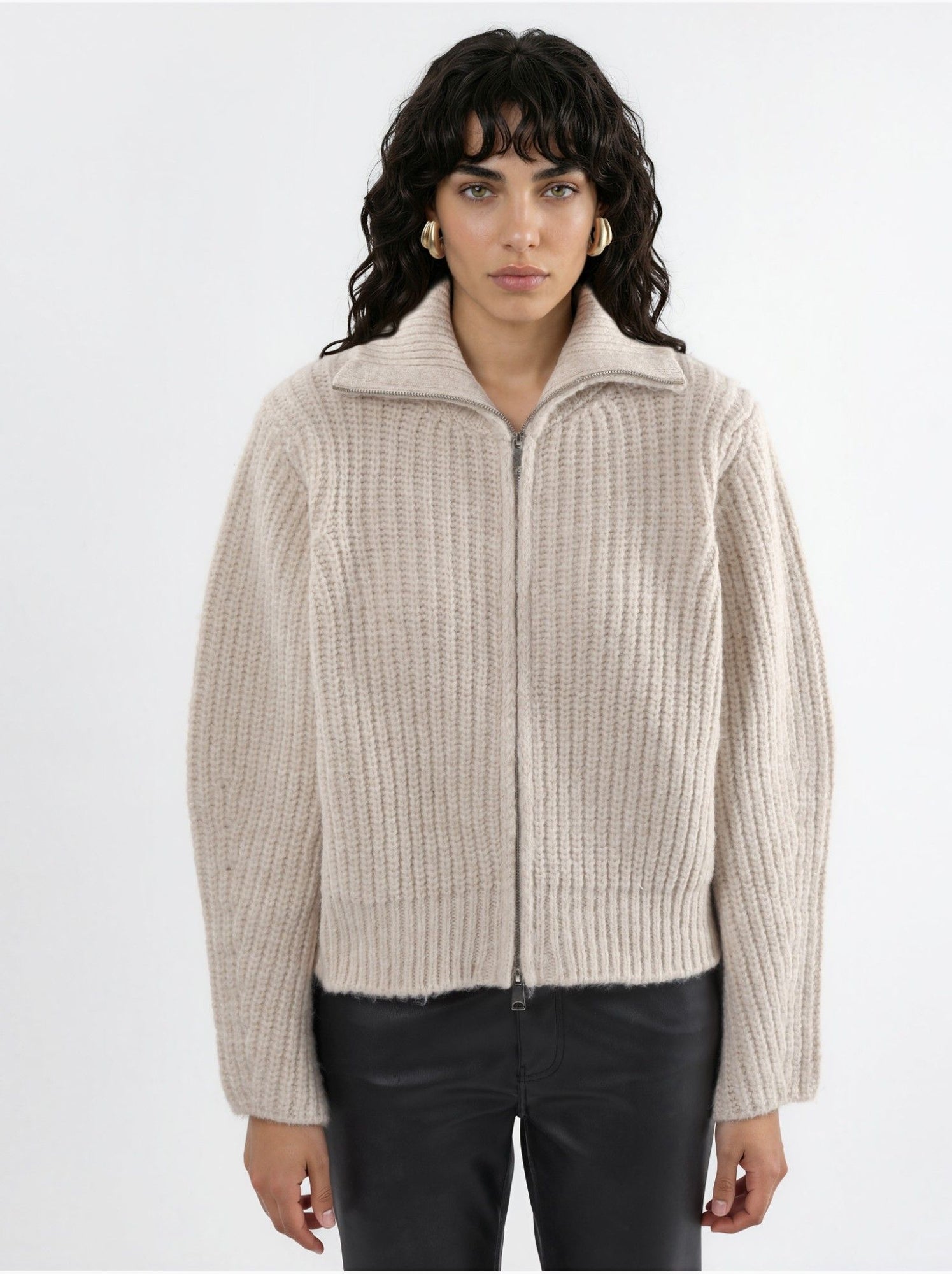 Gilet zippé à col roulé épais et texturé - Sable