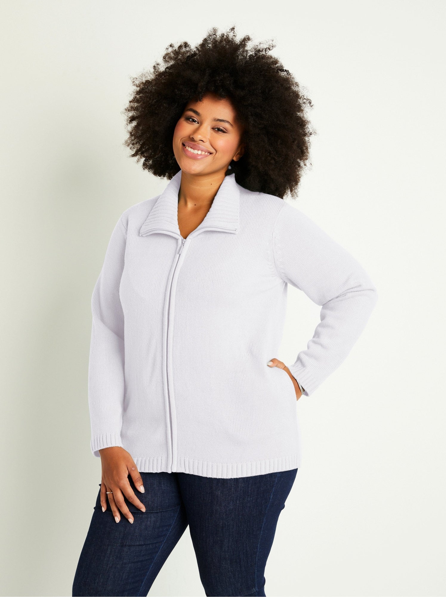 Gilet zippé long uni col montant - Blanc