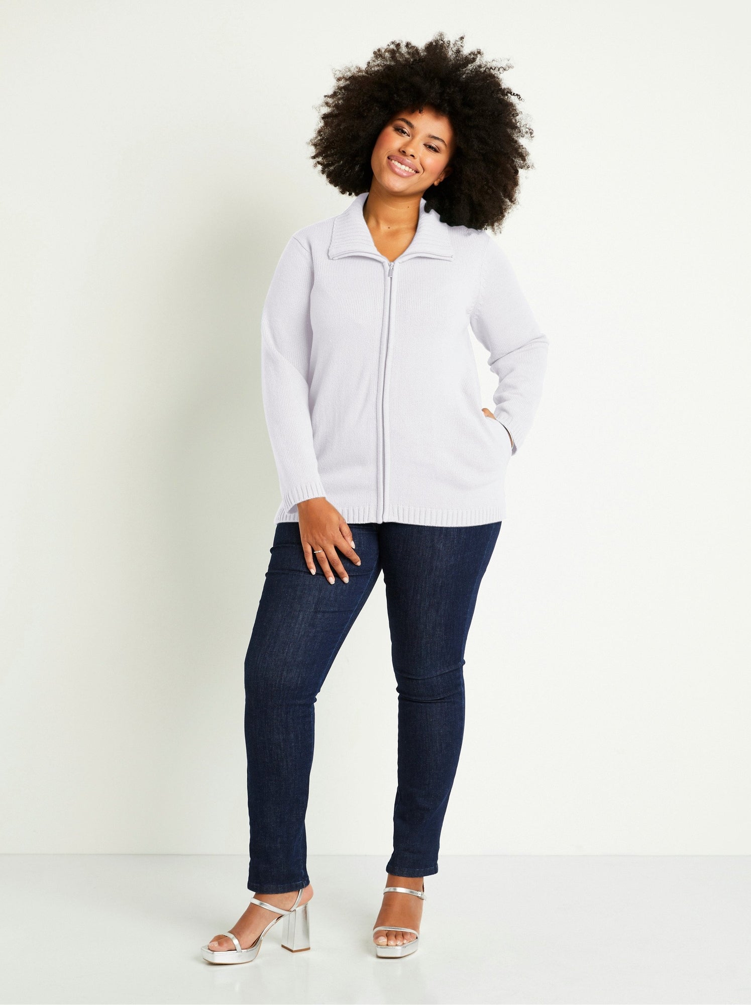 Gilet zippé long uni col montant - Blanc