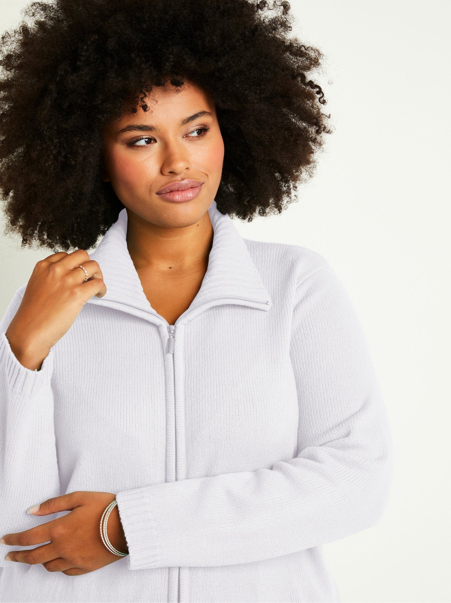 Gilet zippé long uni col montant - Blanc