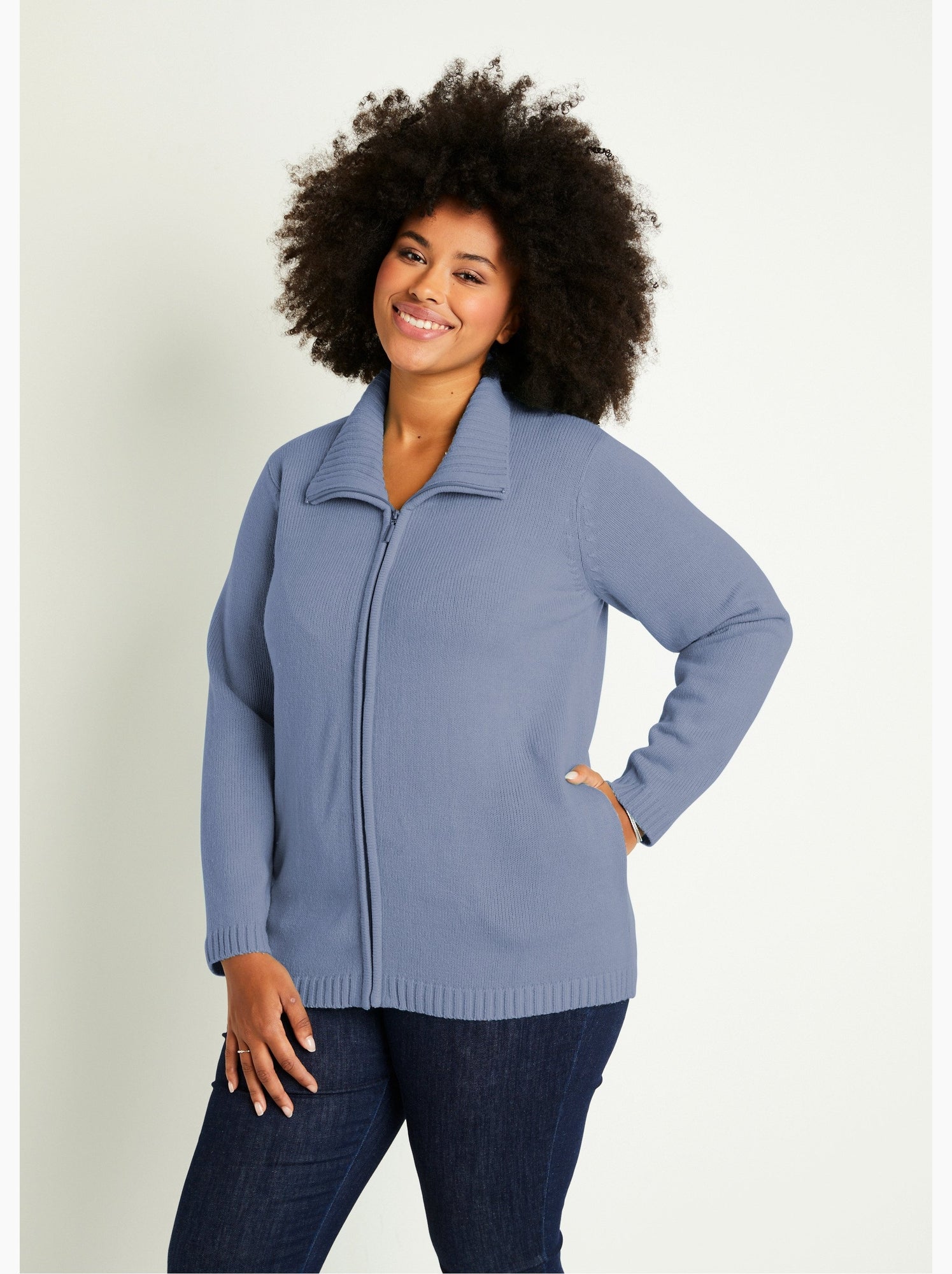 Gilet zippé long uni col montant - Bleu