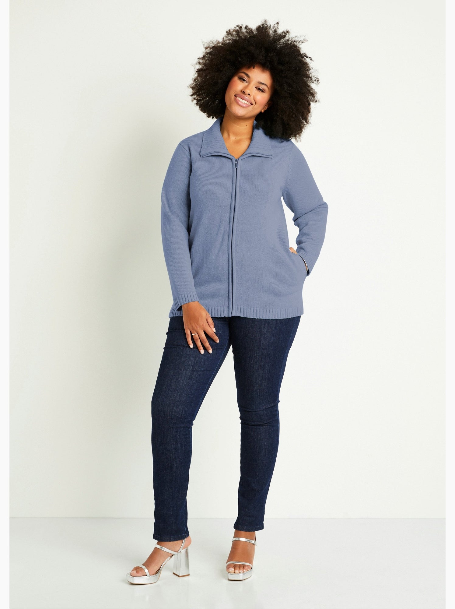 Gilet zippé long uni col montant - Bleu