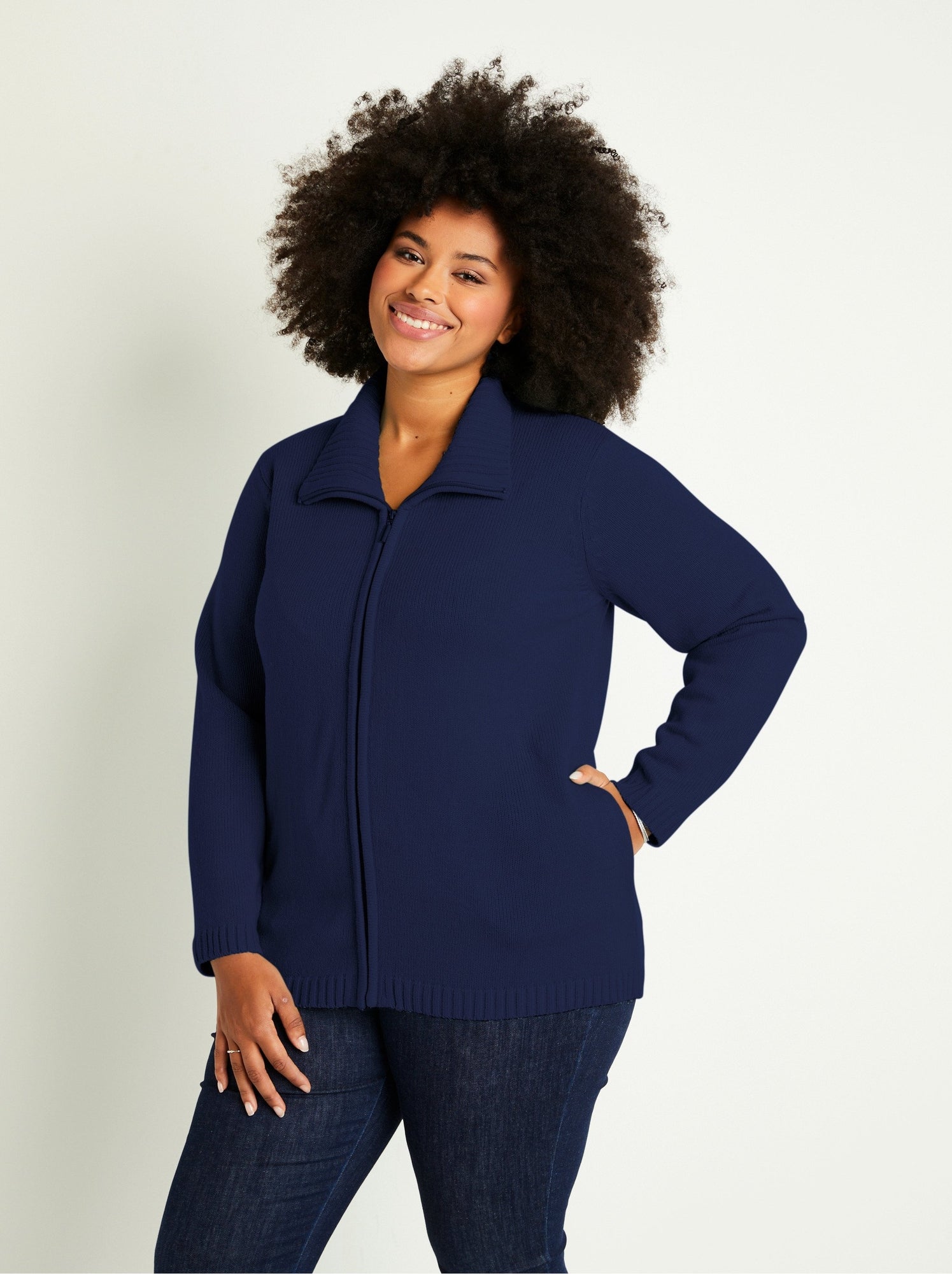Gilet zippé long uni col montant - Bleu marine (DOJ57_9)