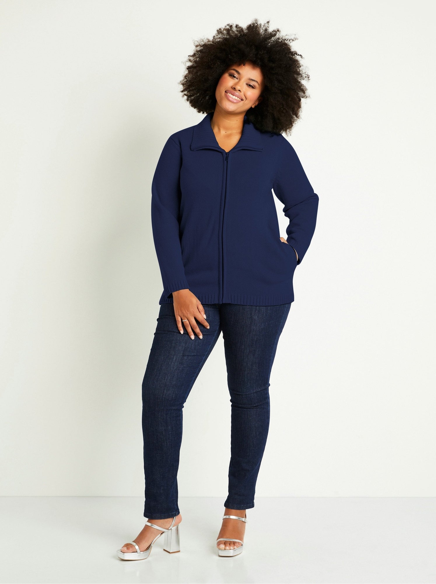 Gilet zippé long uni col montant - Bleu marine (DOJ57_9)