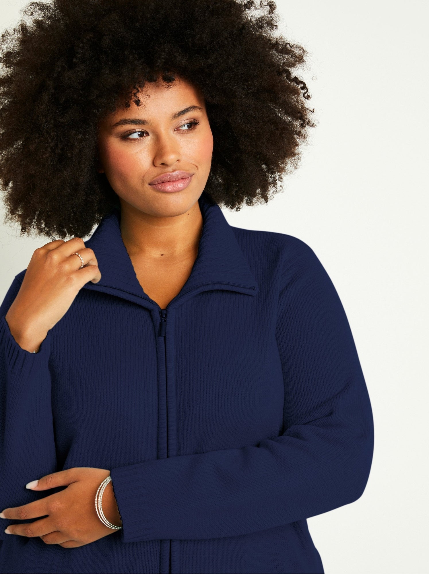 Gilet zippé long uni col montant - Bleu marine (DOJ57_9)