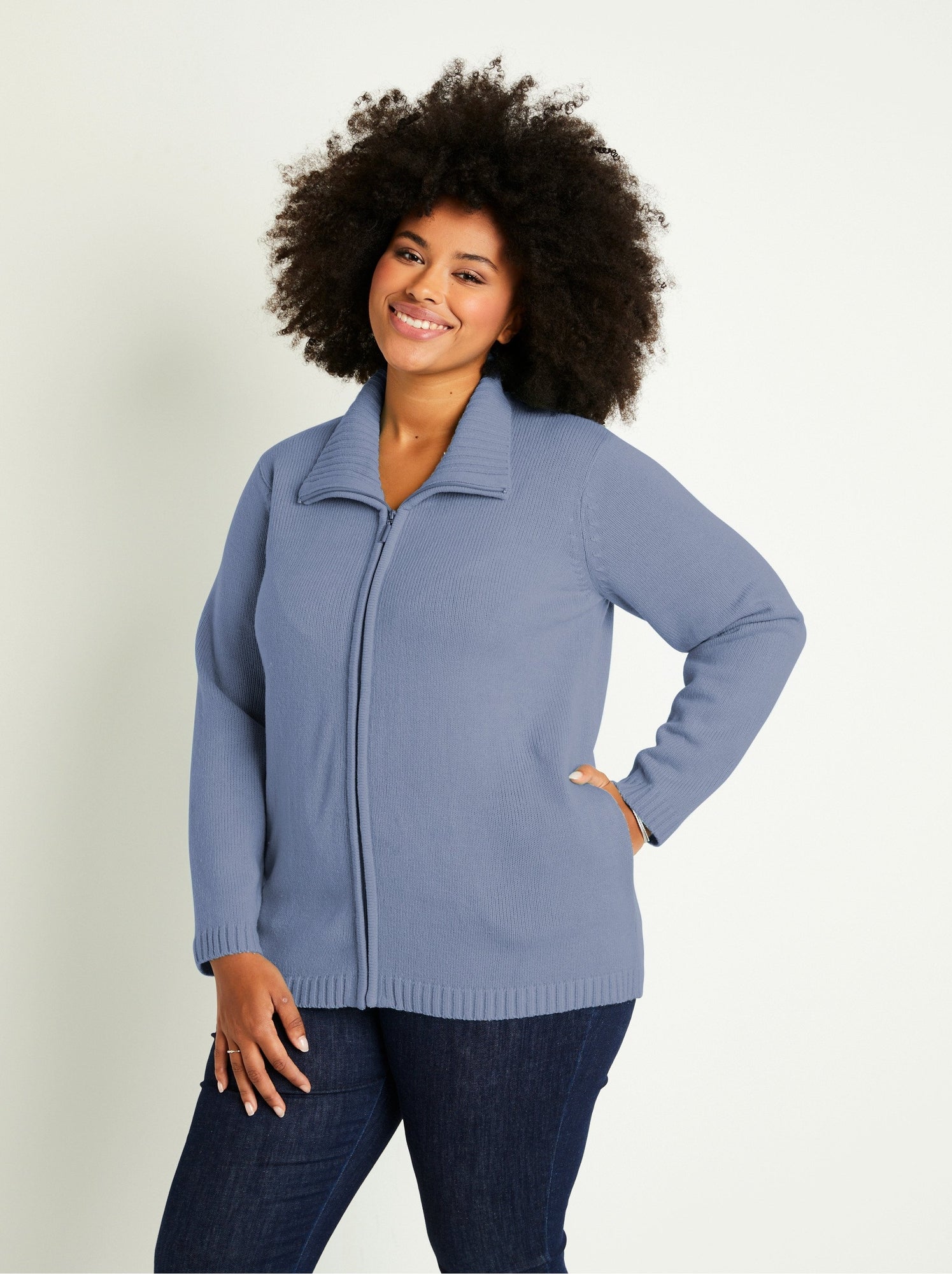 Gilet zippé long uni col montant - Ciel