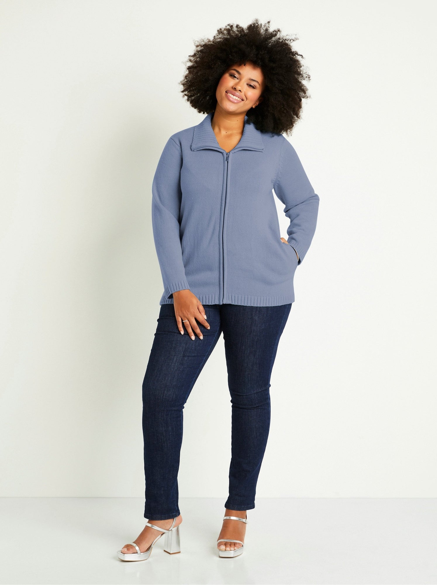 Gilet zippé long uni col montant - Ciel