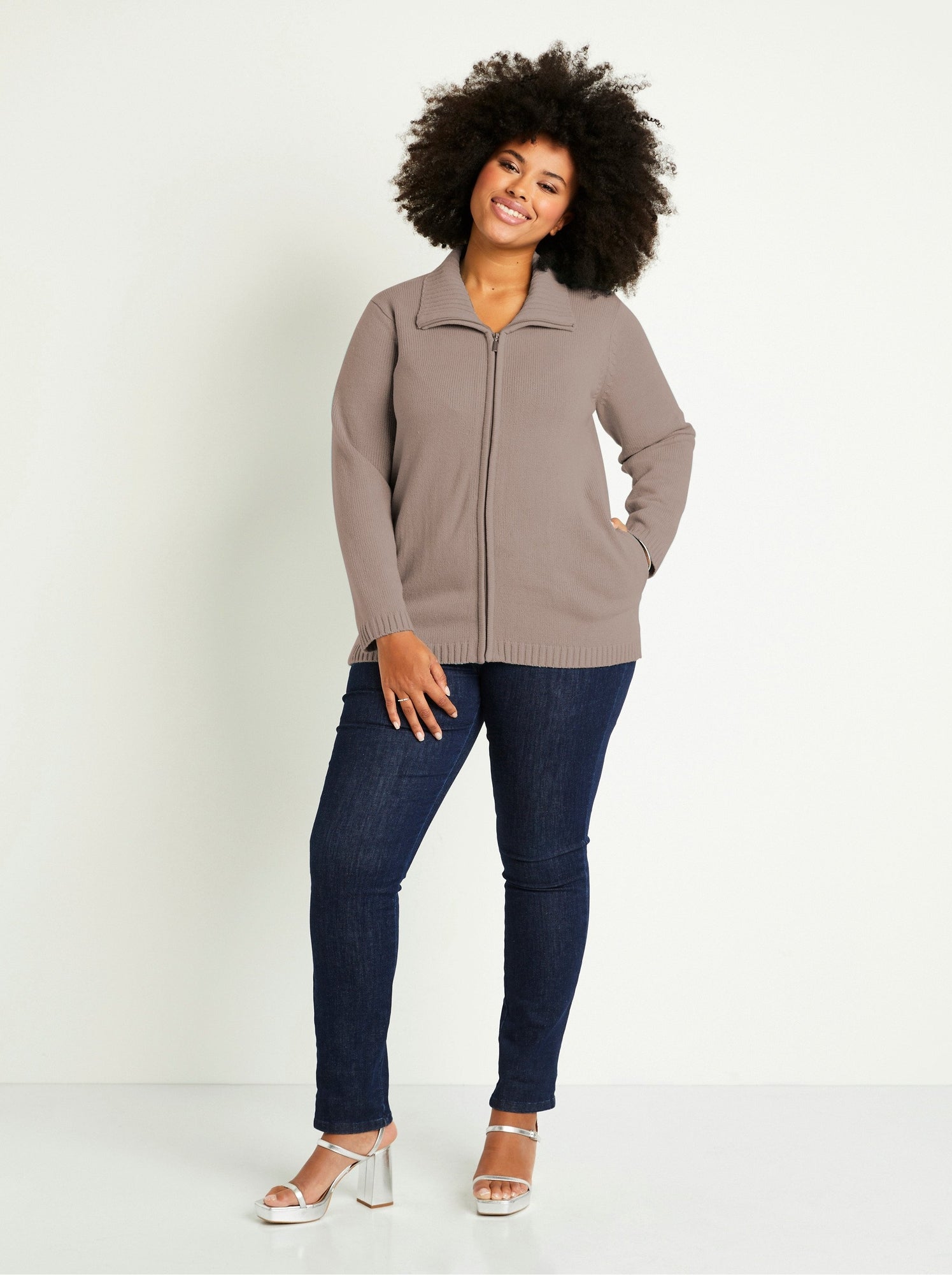 Gilet zippé long uni col montant - Marron