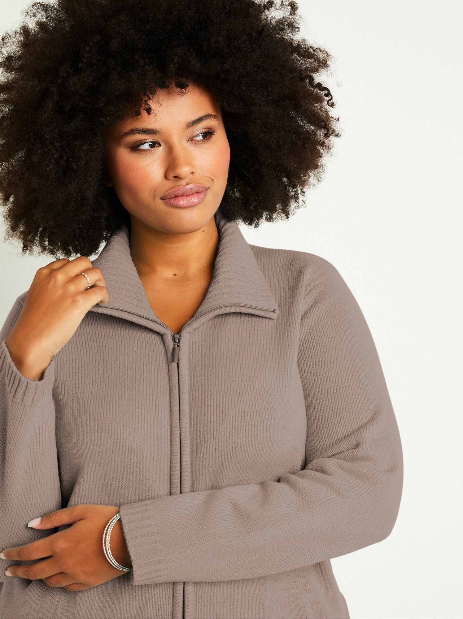 Gilet zippé long uni col montant - Marron