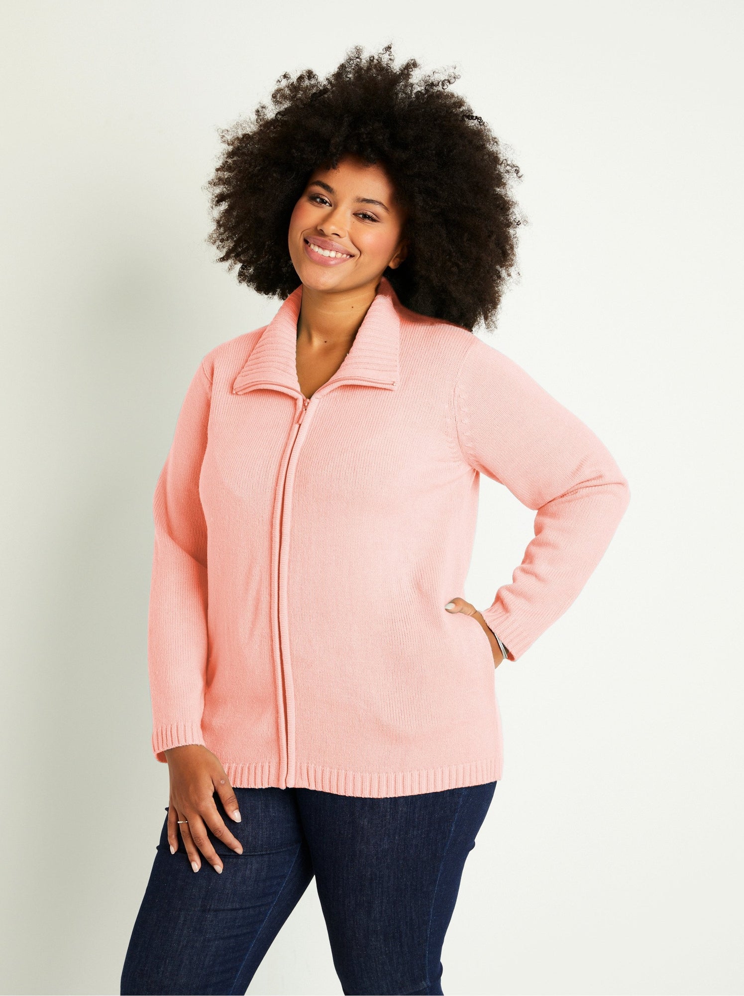 Gilet zippé long uni col montant - Rose